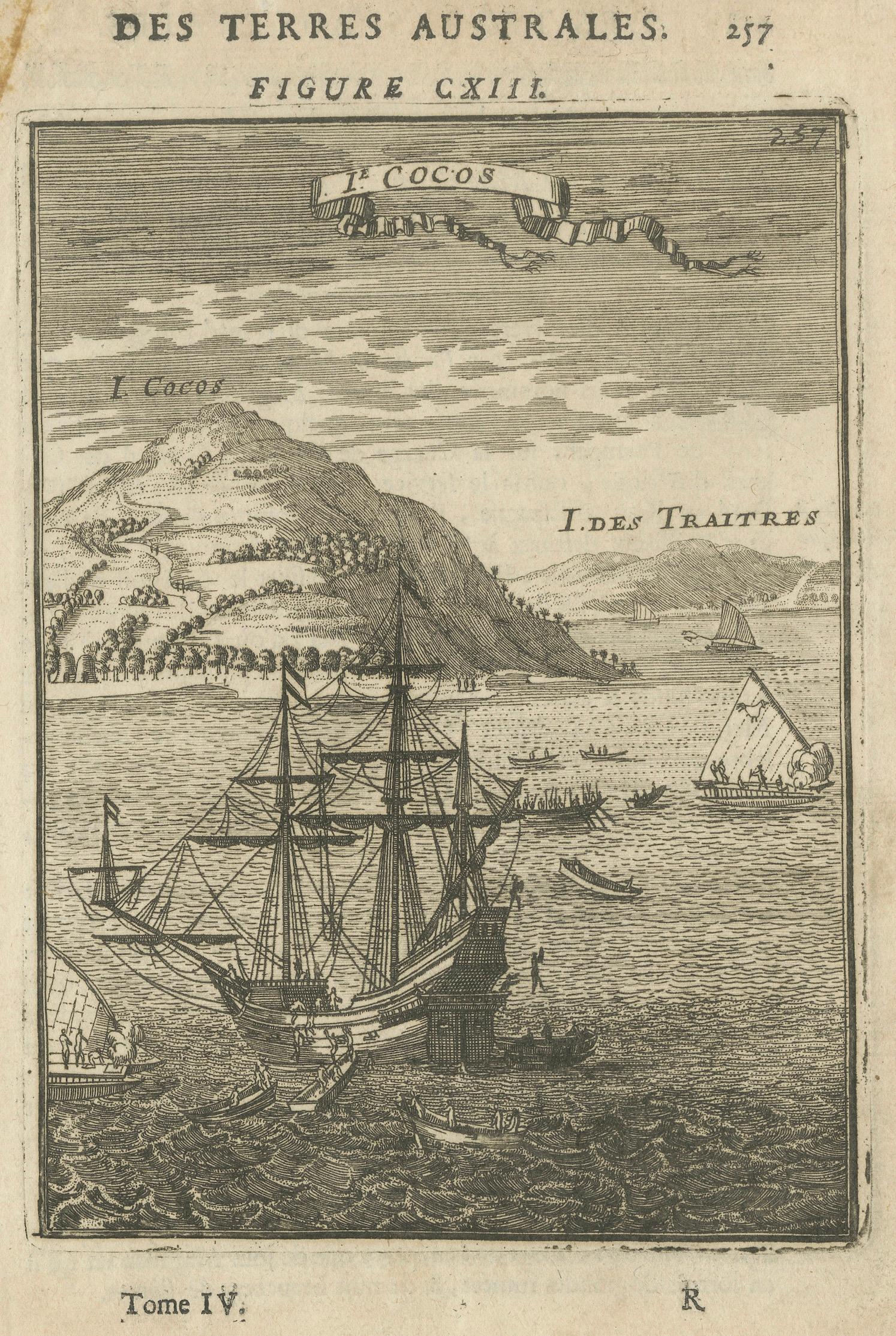 Antique Engraving Cocos Island, Maritime Scene, Manesson Mallet, 1683