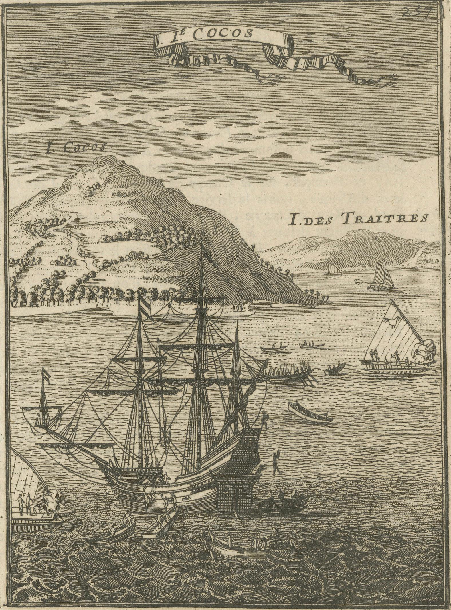 Antique Engraving Cocos Island, Maritime Scene, Manesson Mallet, 1683
