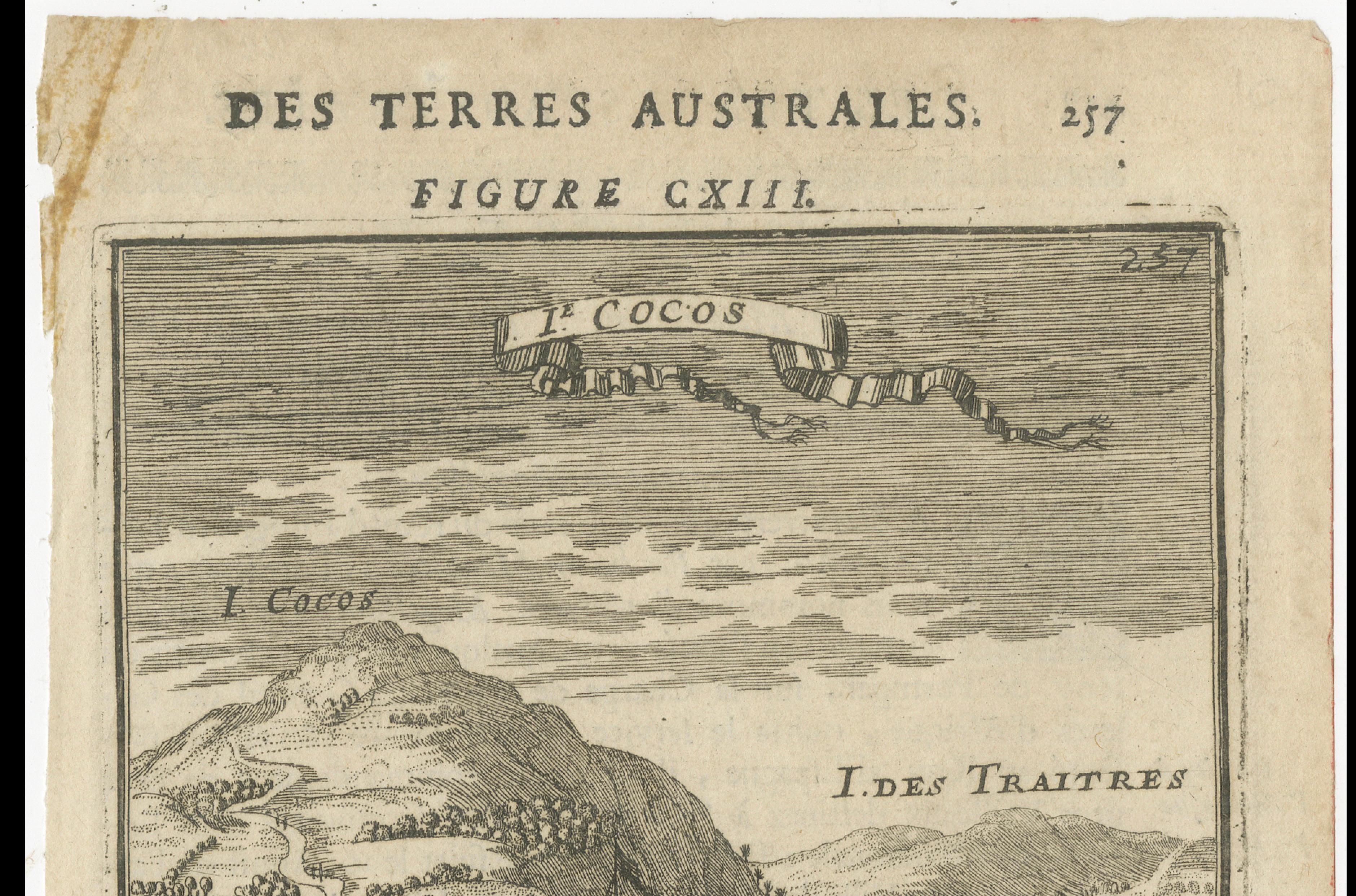 Antique Engraving Cocos Island, Maritime Scene, Manesson Mallet, 1683
