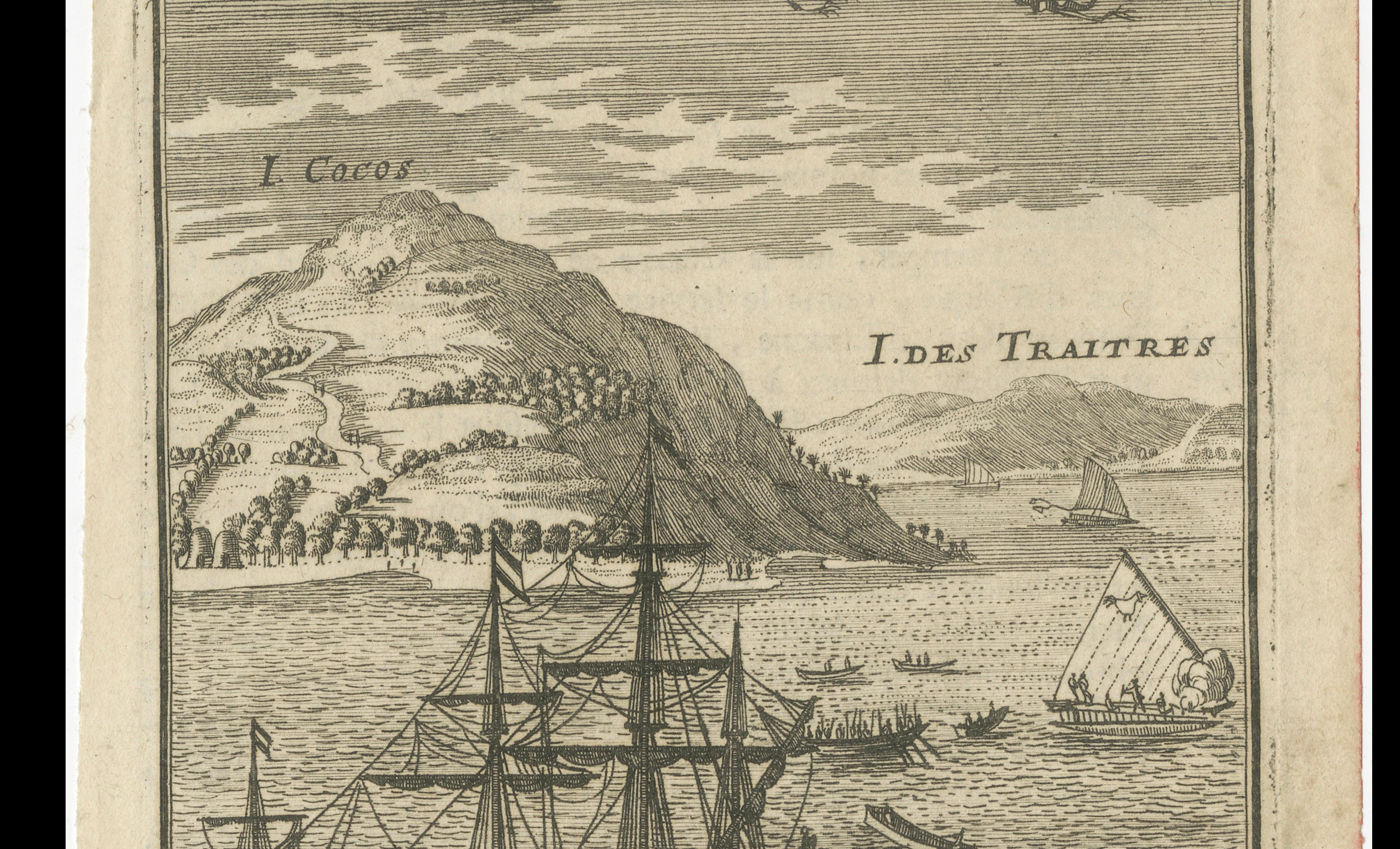 Antique Engraving Cocos Island, Maritime Scene, Manesson Mallet, 1683