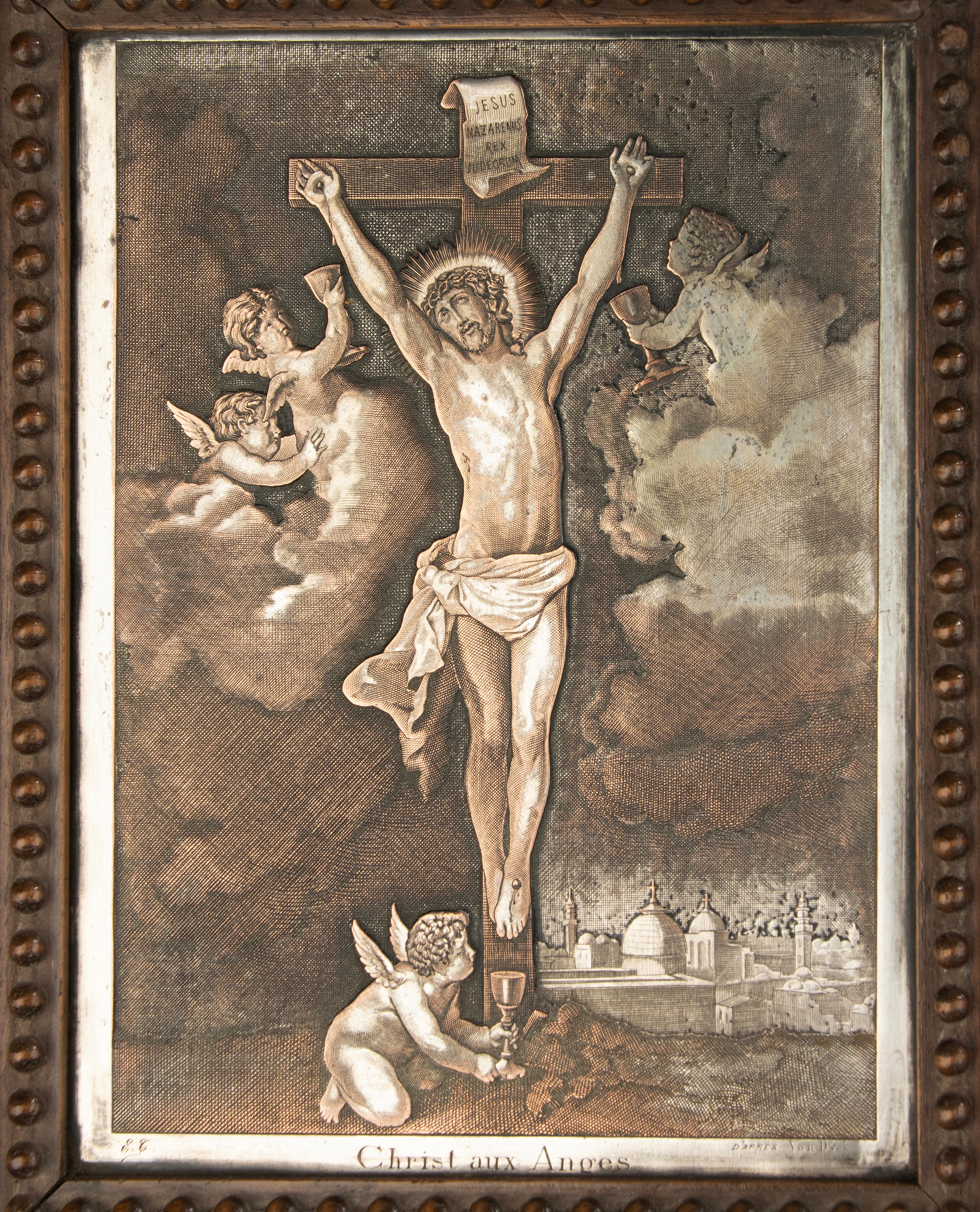 Antique Engraving - Crucifixion Christ  - Silver Plated Copper - After Van Dyck For Sale 4