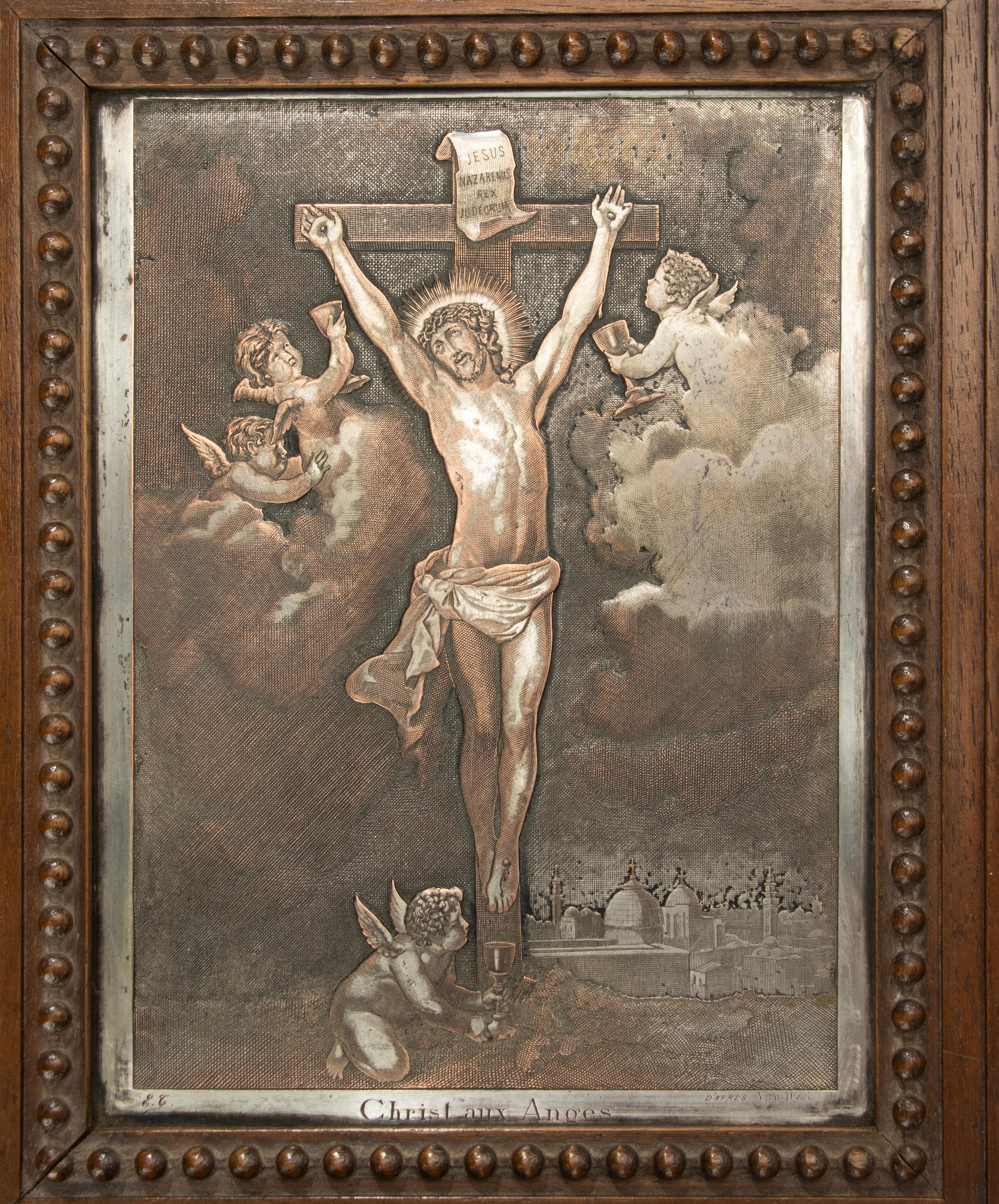 Antique Engraving - Crucifixion Christ  - Silver Plated Copper - After Van Dyck For Sale 8