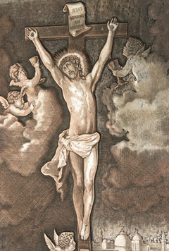 Antique Engraving - Crucifixion Christ  - Silver Plated Copper - After Van Dyck