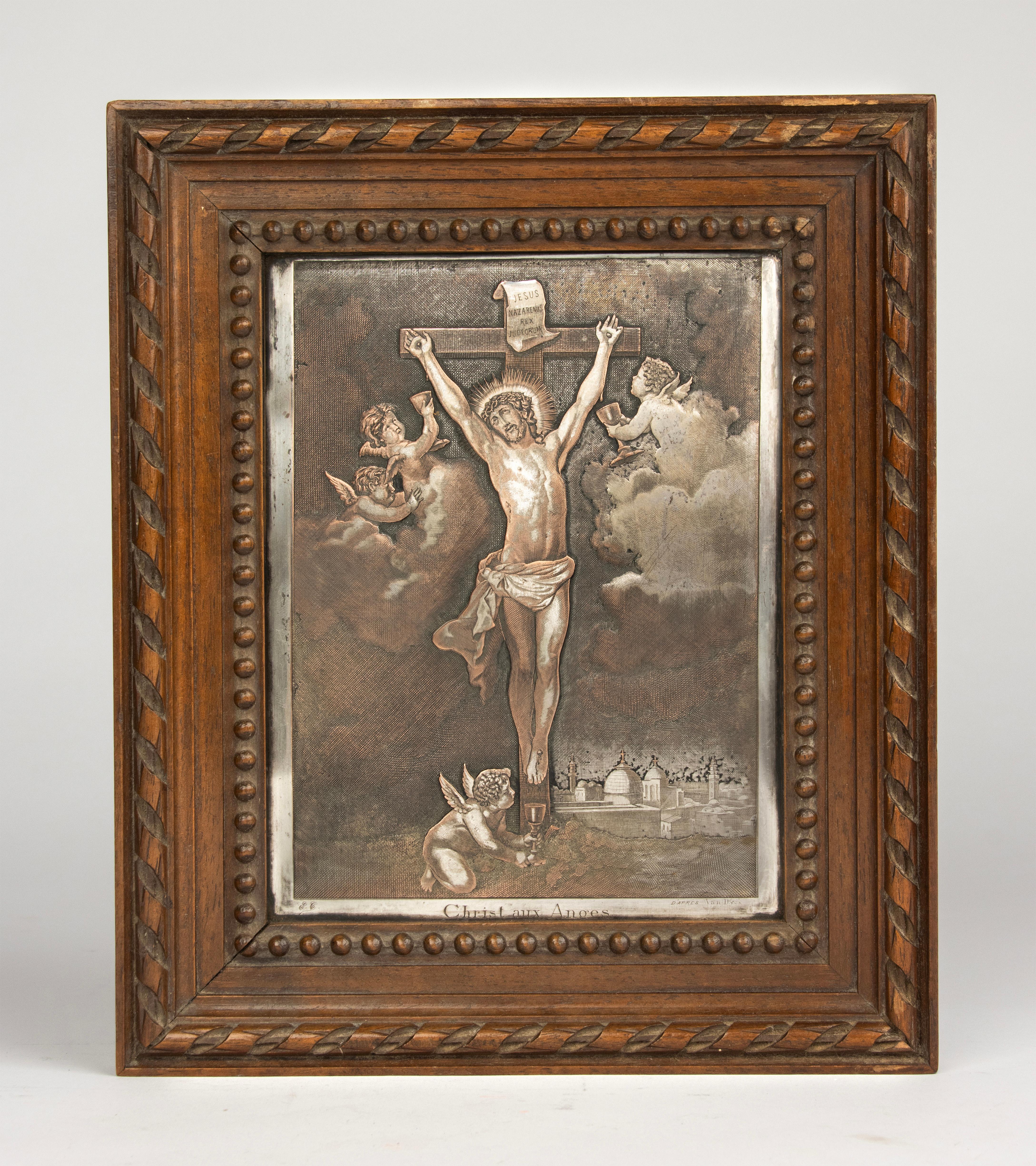 Baroque Antique Engraving - Crucifixion Christ  - Silver Plated Copper - After Van Dyck For Sale