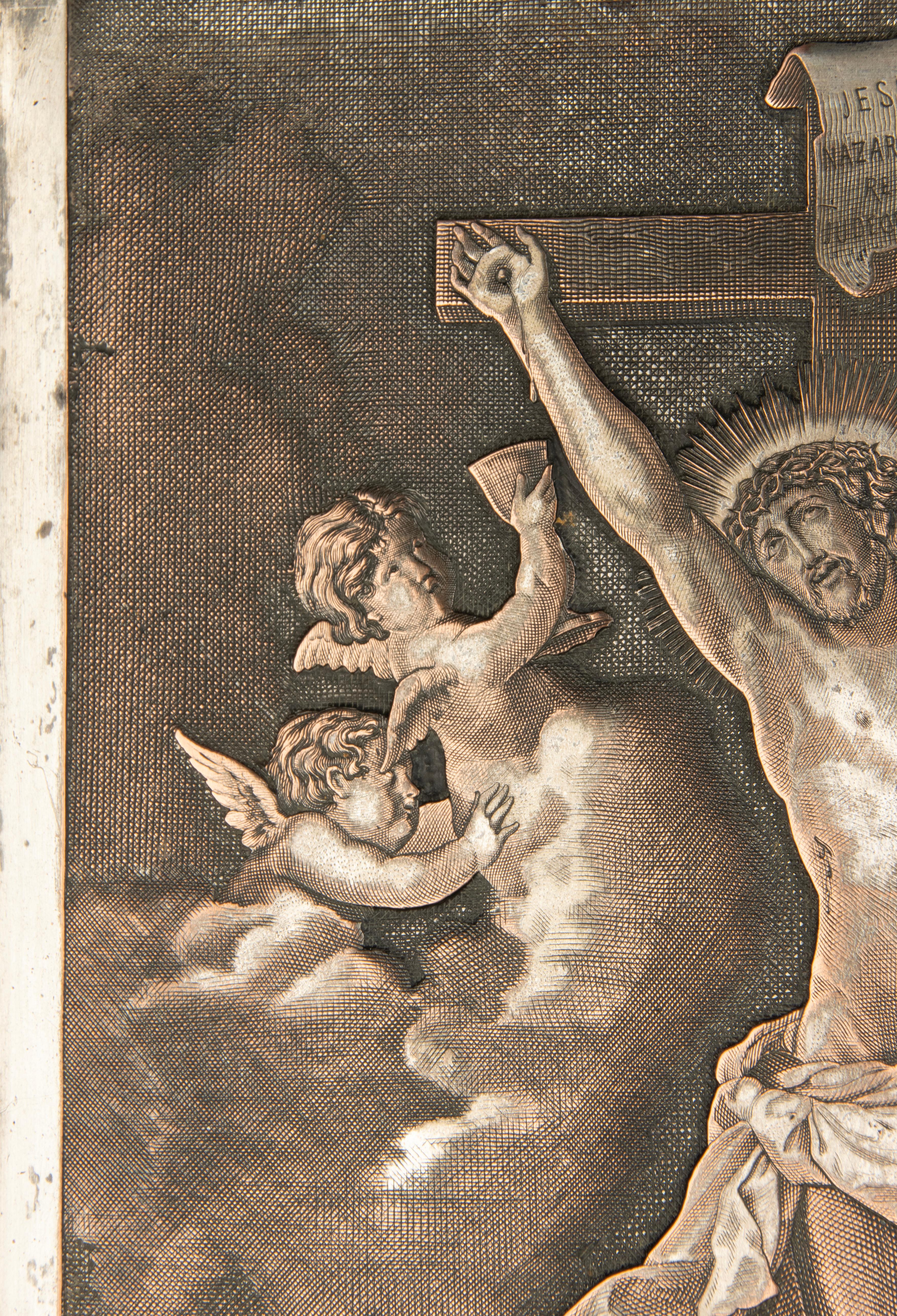 French Antique Engraving - Crucifixion Christ  - Silver Plated Copper - After Van Dyck For Sale