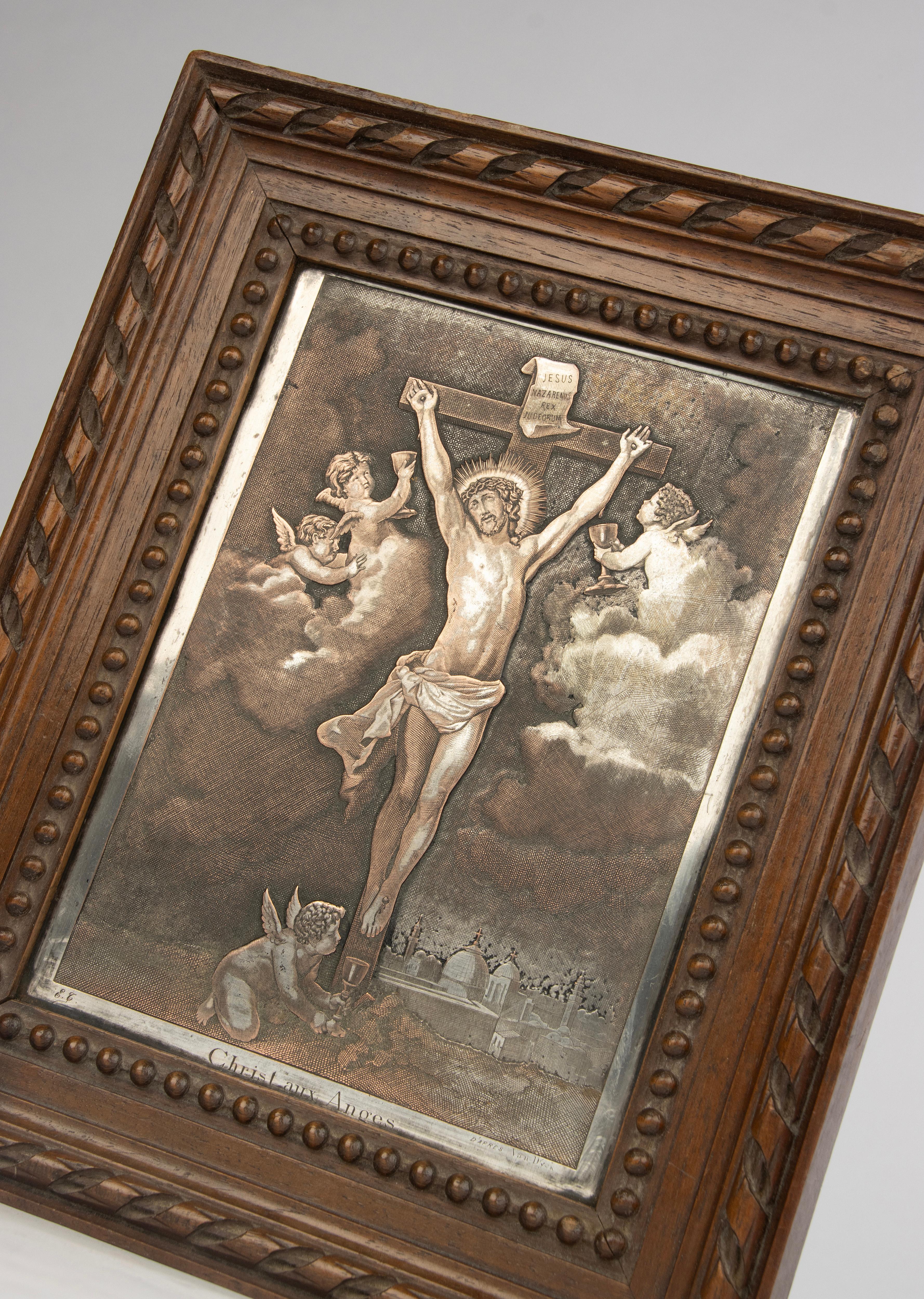 Engraved Antique Engraving - Crucifixion Christ  - Silver Plated Copper - After Van Dyck For Sale