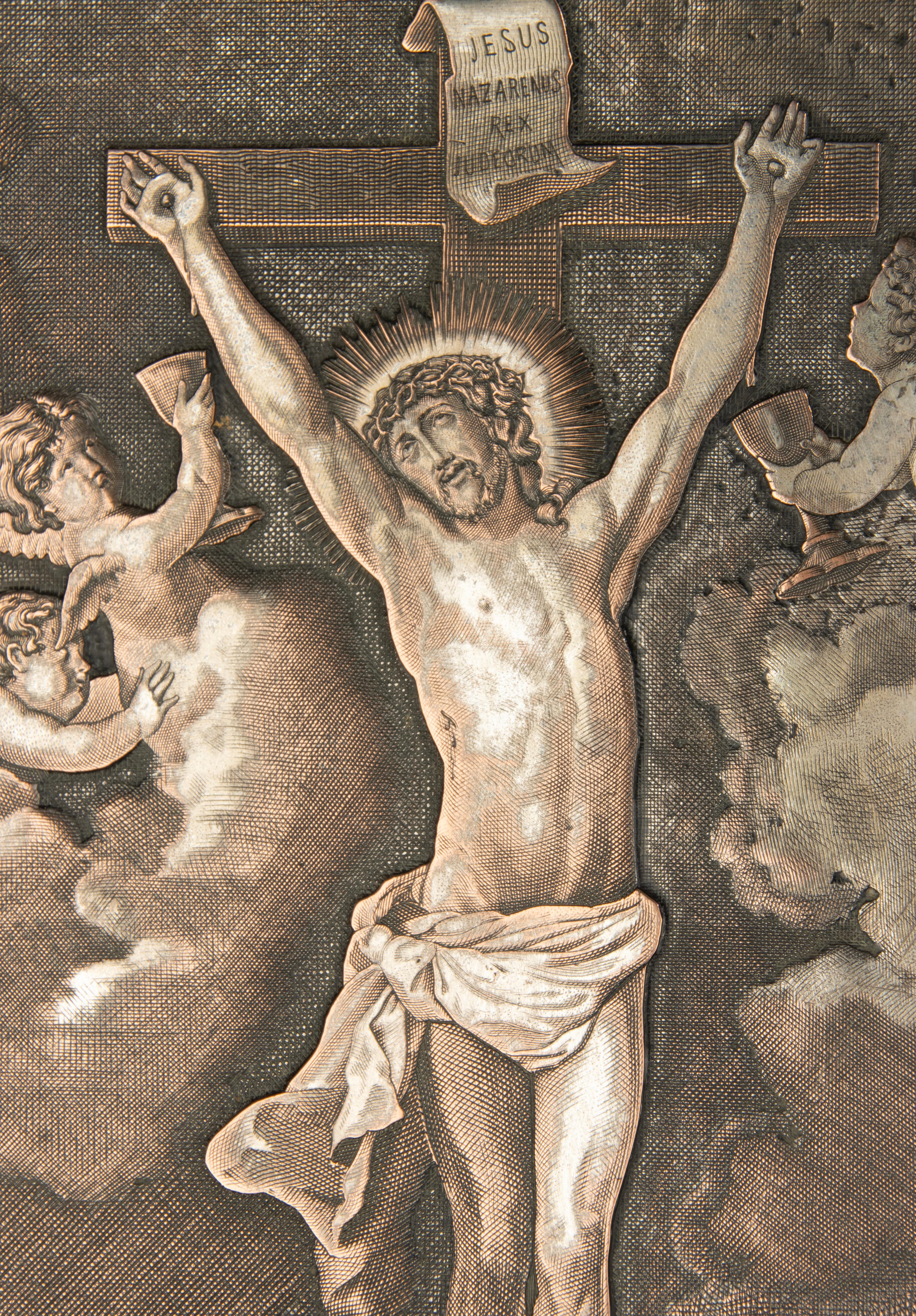 Late 19th Century Antique Engraving - Crucifixion Christ  - Silver Plated Copper - After Van Dyck For Sale