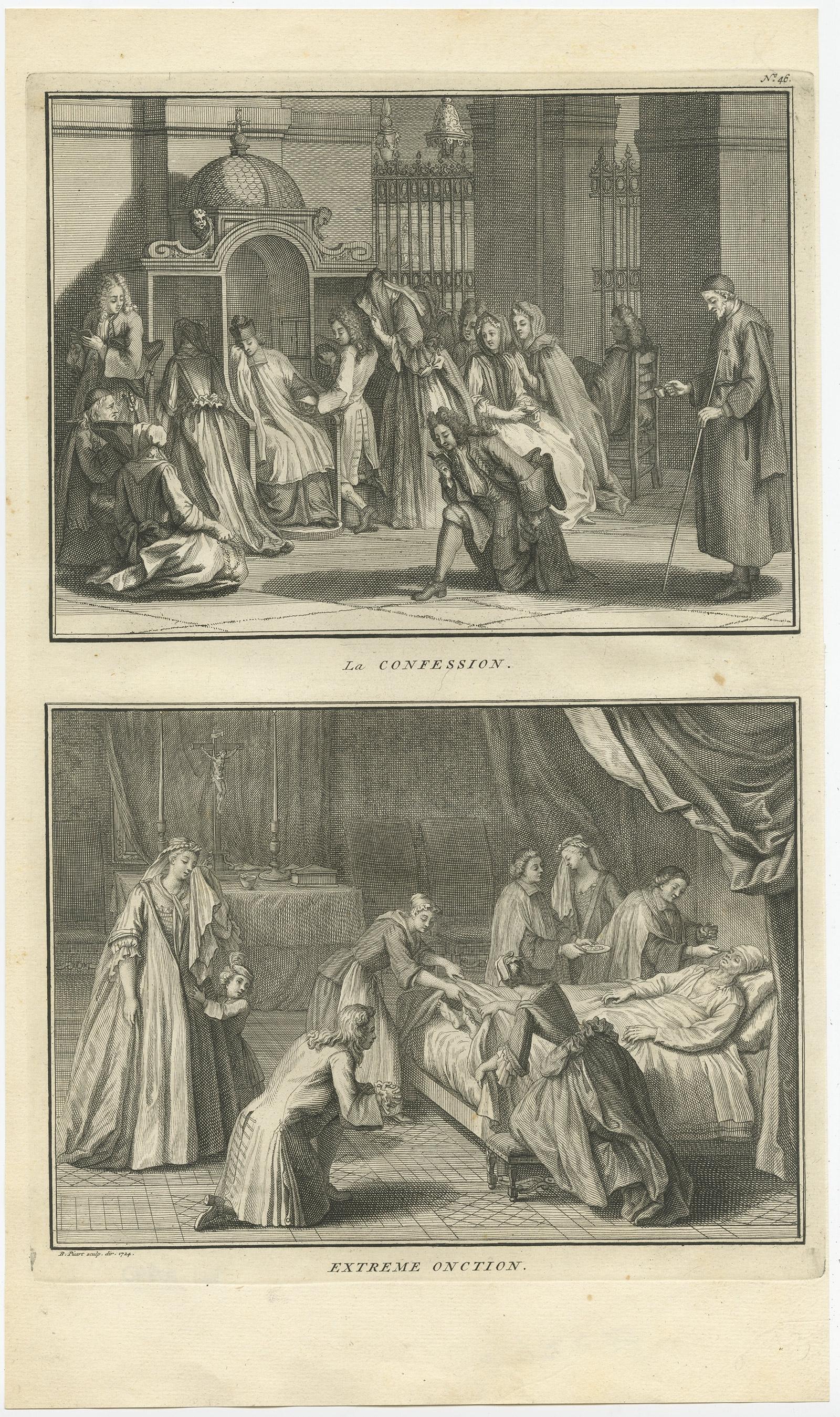 Zwei religiöse Bilder auf einem Blatt. Das obere Bild zeigt die Beichte, das untere Bild die Krankensalbung. Dieser Druck stammt aus 'Ceremonies et costumes Religieuses (..)'. 

Künstler und Graveure: Bernard Picart (1673-1733), ein französischer