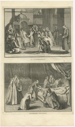 Antique Engraving Depicting the Confession & the Anointing of the Sick, 1724