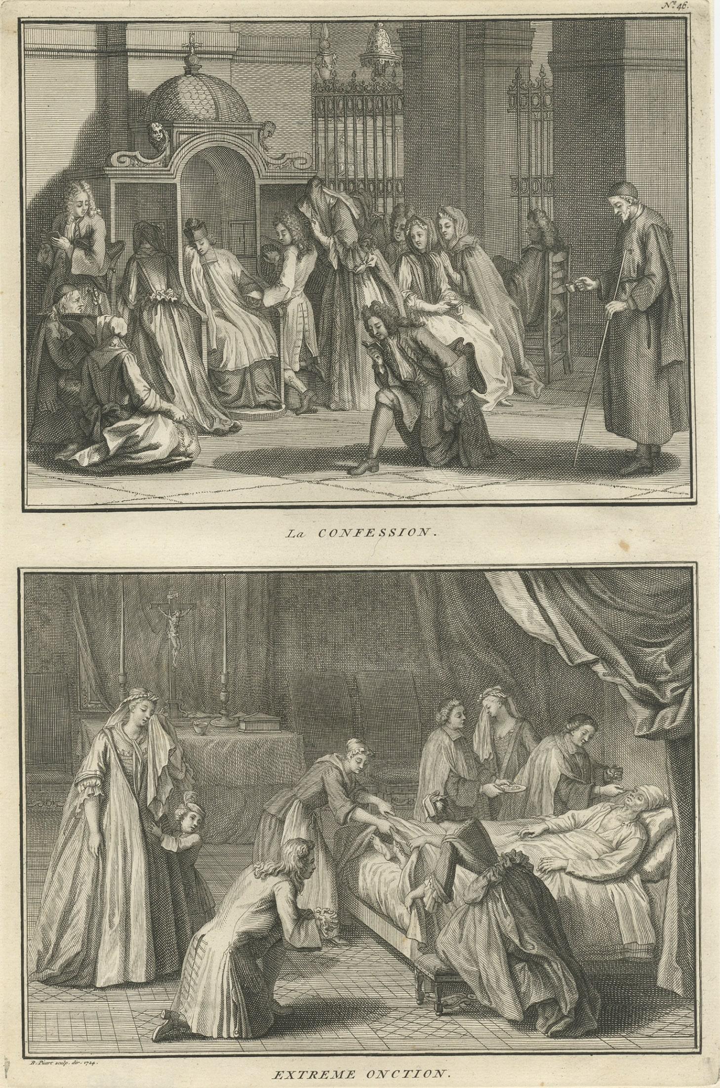 Antique Engraving Depicting the Confession & the Anointing of the Sick, 1724 In Good Condition For Sale In Langweer, NL