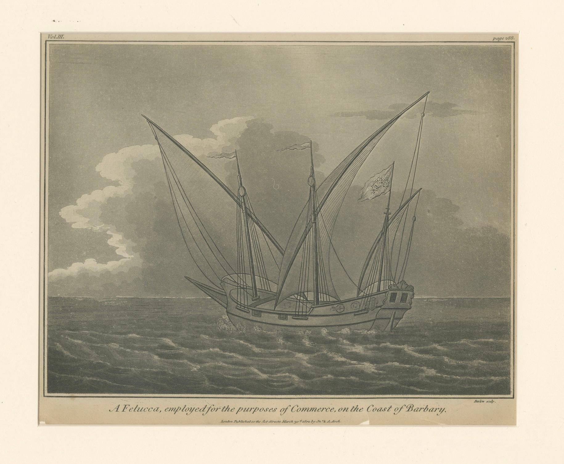 Grabado antiguo - Felucca para el comercio en la Costa Berberisca, 1802

Este antiguo grabado marítimo, publicado en 1802, representa una *Feluca*, embarcación tradicional con aparejo de latín empleada en el comercio a lo largo de la costa