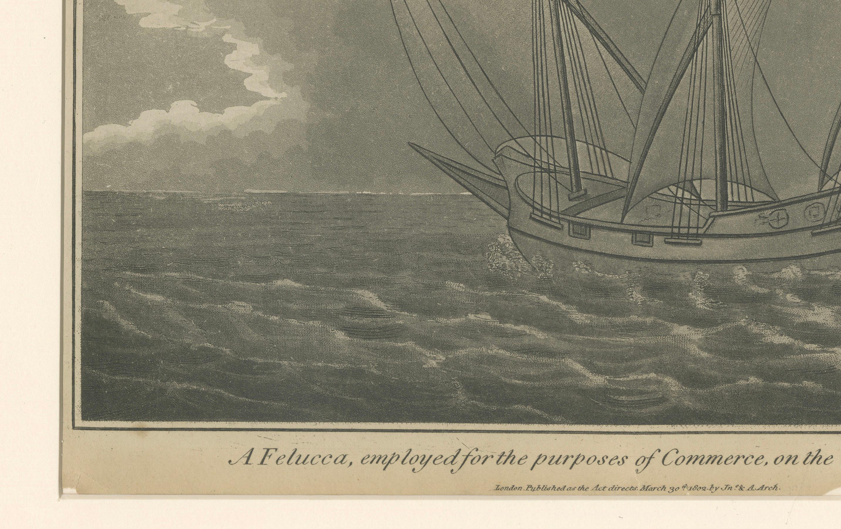Grabado antiguo - Felucca para el comercio en la Costa Berberisca, 1802 Holandés en venta