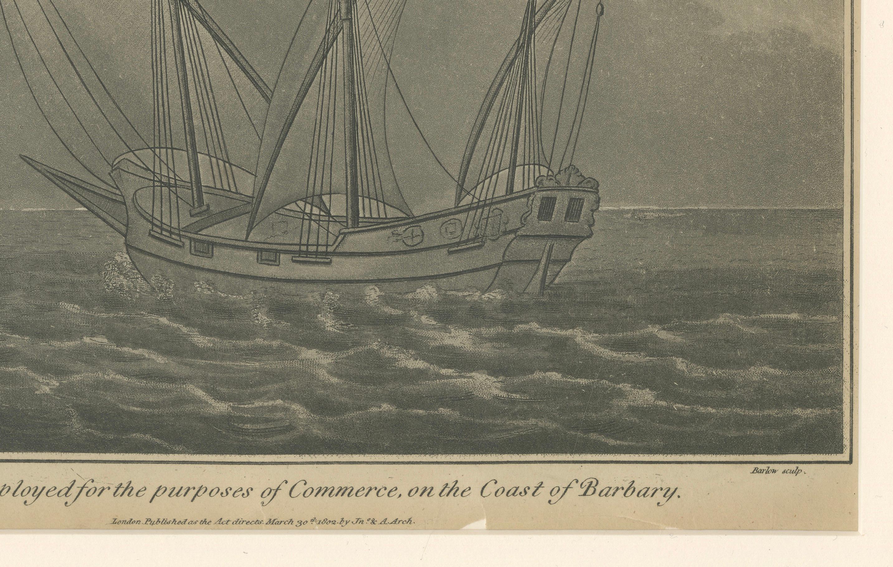 Grabado antiguo - Felucca para el comercio en la Costa Berberisca, 1802 en Bastante bueno estado para la venta en Langweer, NL
