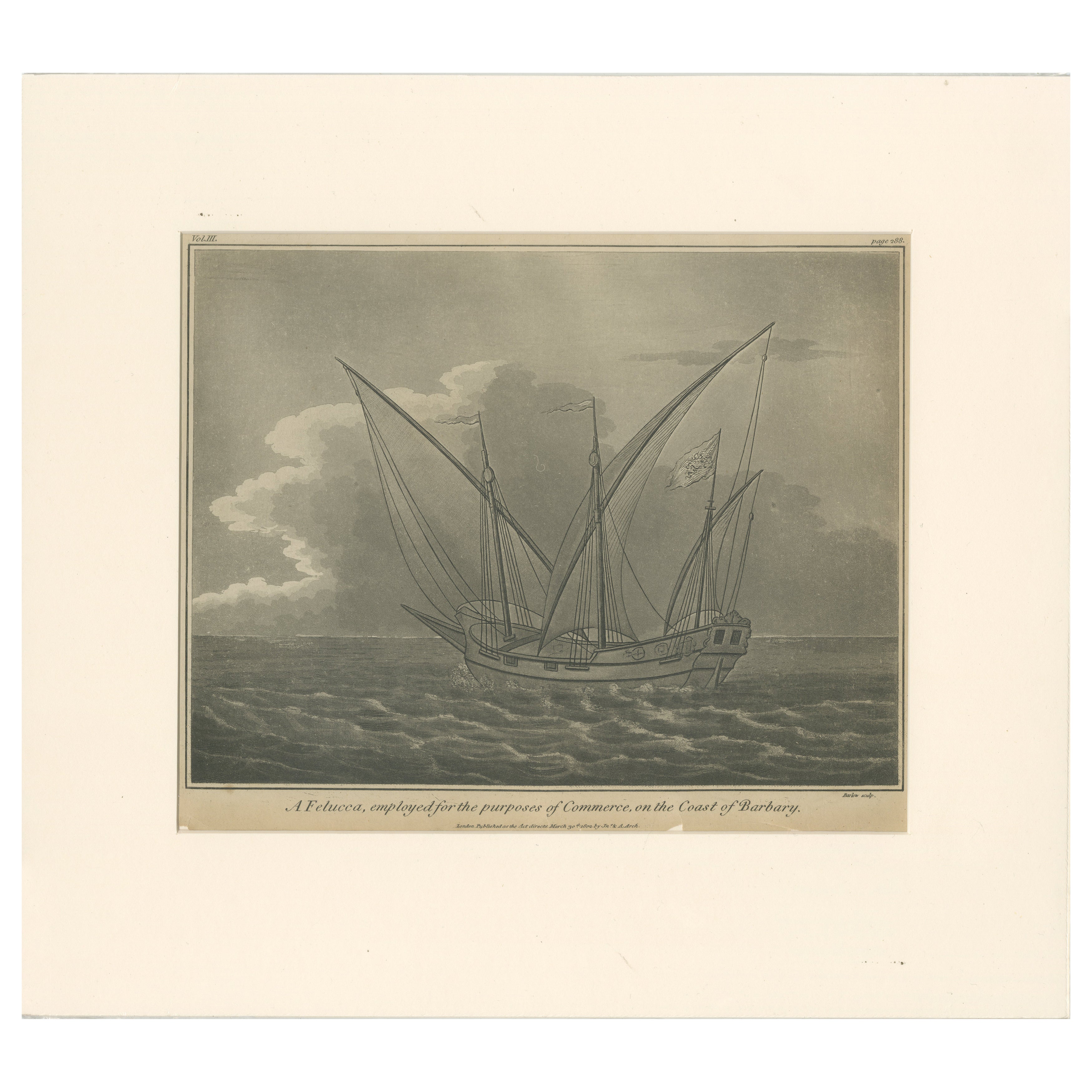 Grabado antiguo - Felucca para el comercio en la Costa Berberisca, 1802 en venta