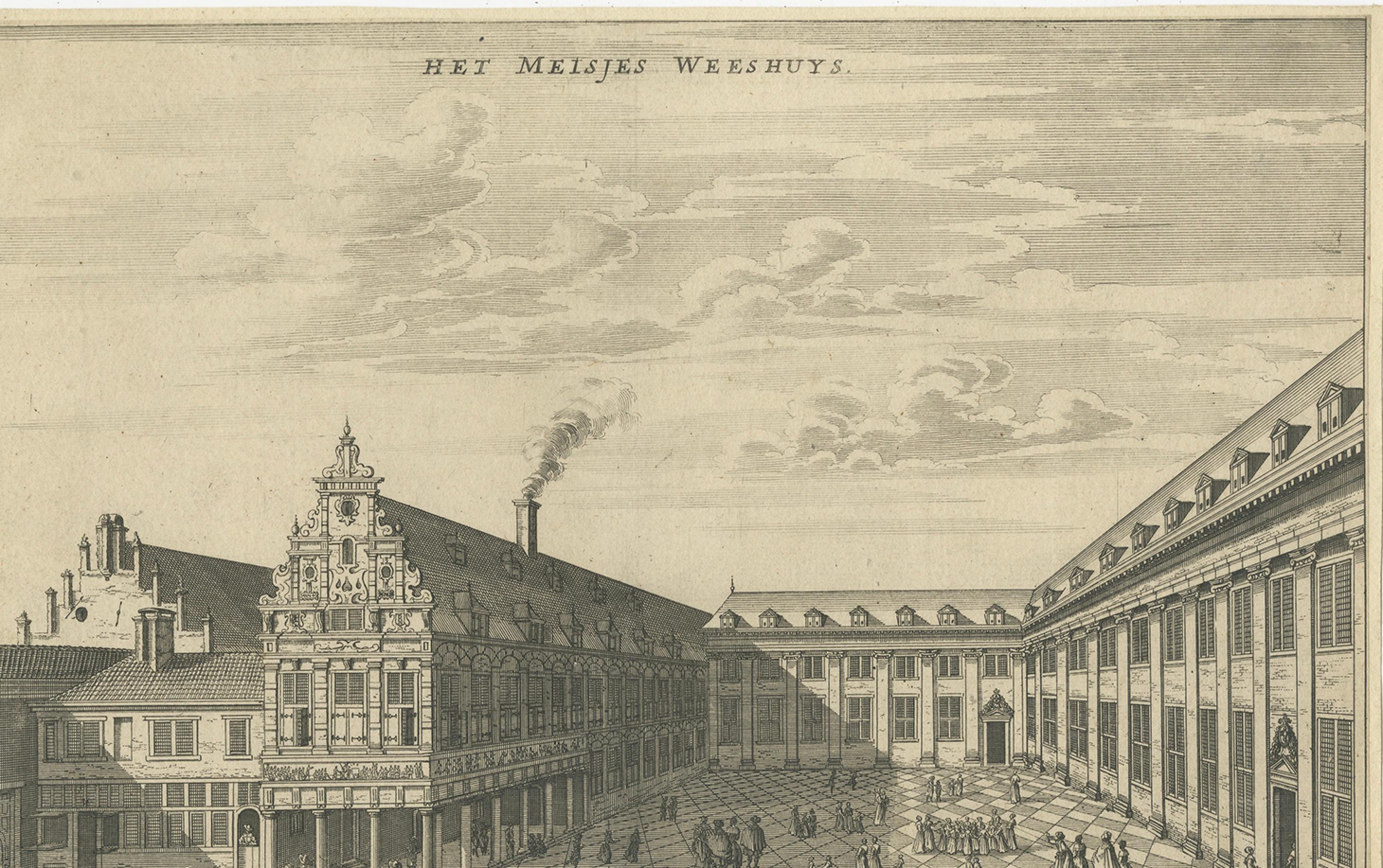 Antique Engraving – Het Meisjes Weeshuis (The Girls’ Orphanage), Amsterdam, c.1760s

This finely detailed antique engraving shows the courtyard of the Meisjes Weeshuis (Girls’ Orphanage) in Amsterdam, one of the city’s most important charitable