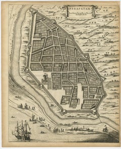 Antique Engraving of a Bird's-Eye Plan of Nagapattinam or Negapatam, India, 1672