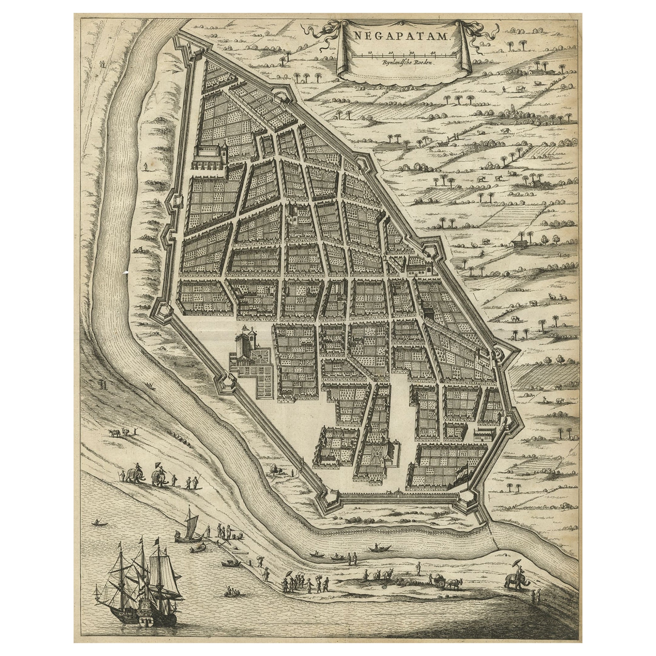 Incisione antica di una pianta a volo d'uccello di Nagapattinam o Negapatam, India, 1672