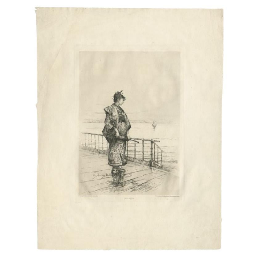Antique print titled 'Japonaise'. Old print of a Japanese lady, standing near the water. This print originates from 'L'Eau Forte en 1877'. 
 
 Artists and Engravers: Etching by Étienne-Prosper Berne-Bellecour. Published by A. Cadart. 
 
