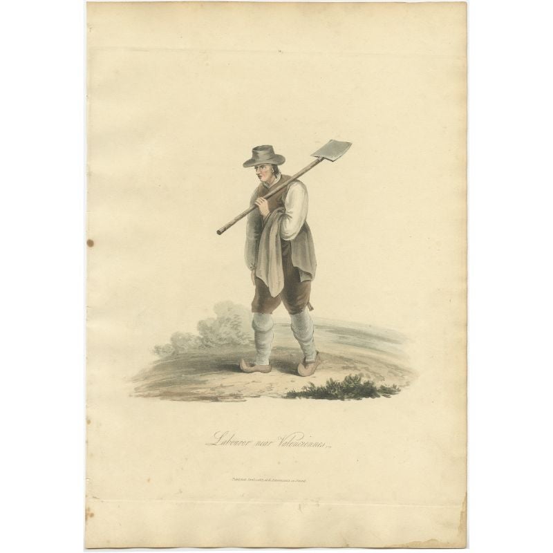 Antique costume print titled 'Labourer near Valenciennes'. Old costume print depicting a labourer near Valenciennes. This print originates from 'The Costume of the Netherlands displayed in thirty coloured engravings'. 

Artists and Engravers: Made