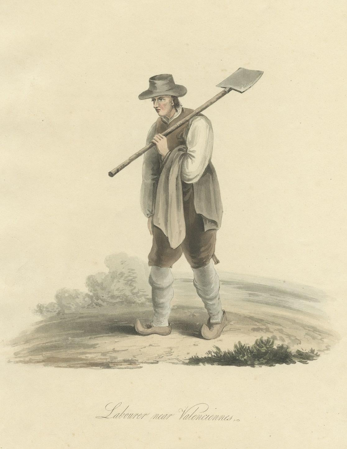 Paper Antique Engraving of a Labourer Near Valenciennes in the North of France, 1817 For Sale
