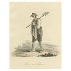 Antique Engraving of a Labourer Near Valenciennes in the North of France, 1817