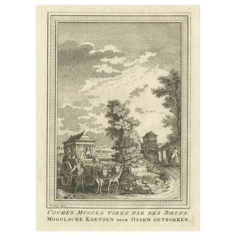 Antique Engraving of a Mogol or Mughal Coach Pulled by Oxes , 1757