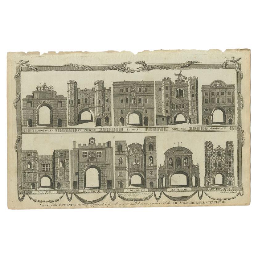 Antique print titled 'Views of the City Gates (..)'. Old print with views of the city gates as they appeared before they were pulled down, together with the Old Gate at Whitehall & Templebar.

Artists and Engravers: Published by A.