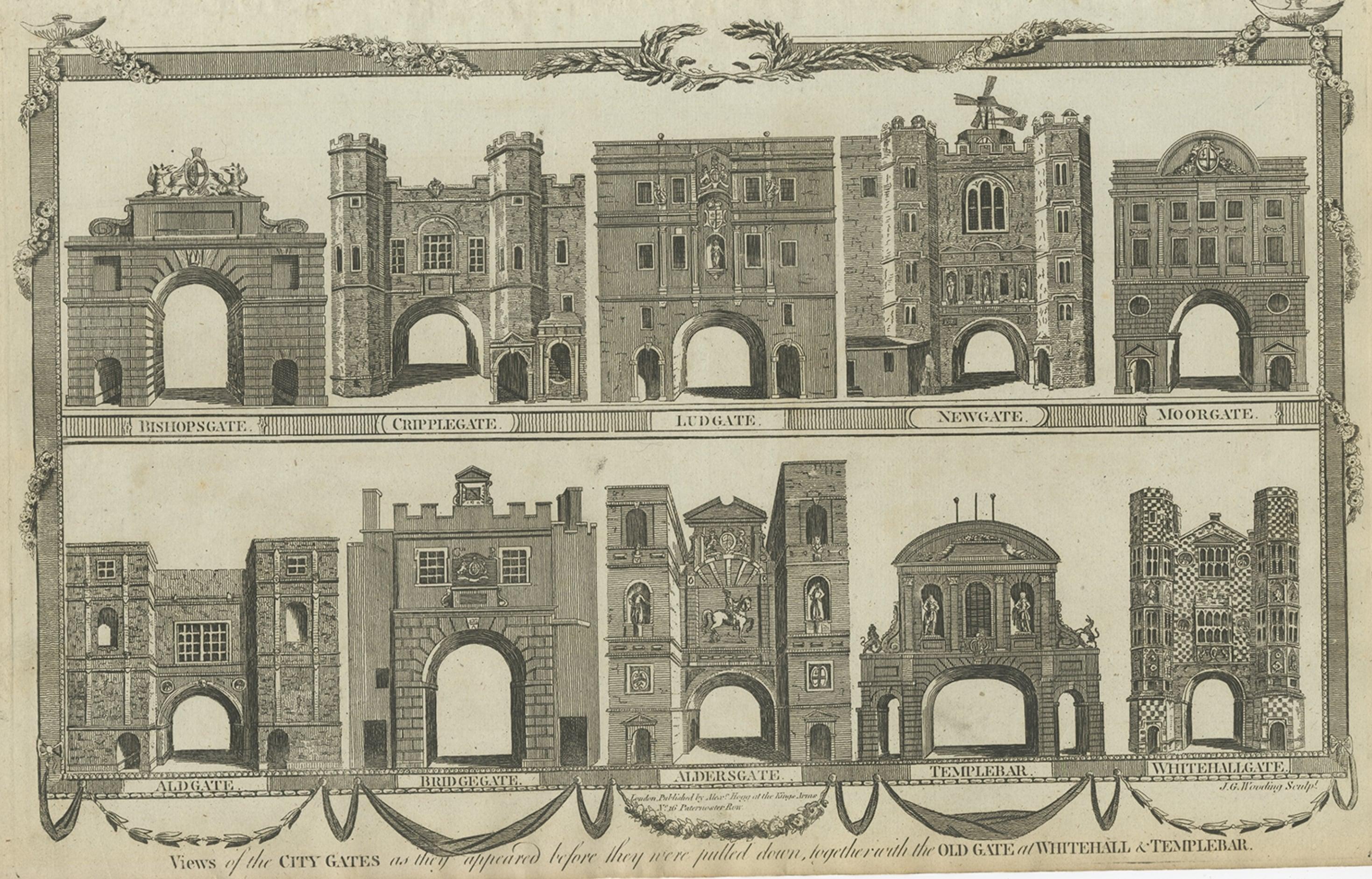 Paper Antique Engraving of a Number of City Gates in England, c.1800 For Sale