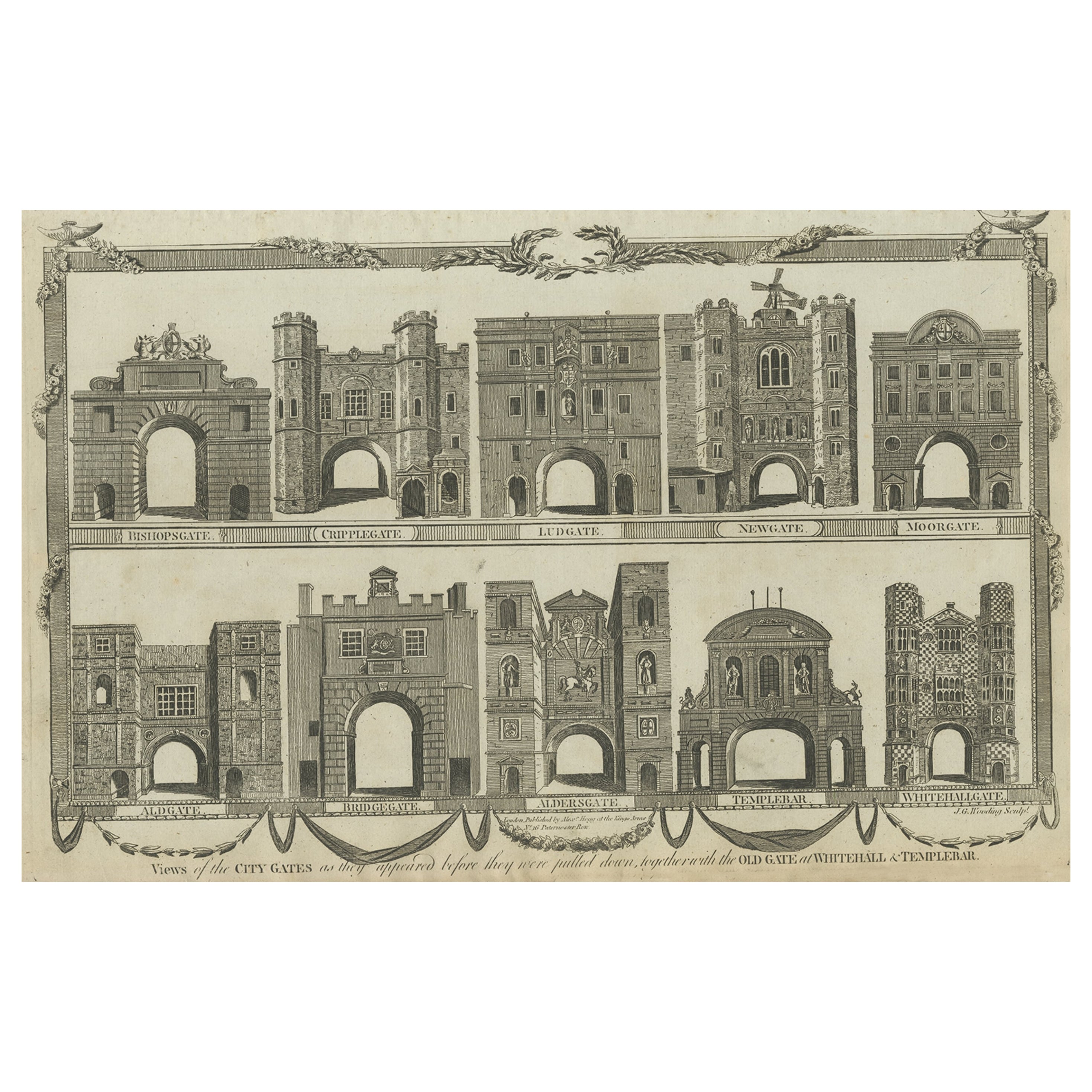 Gravure ancienne d'un certain nombre de portails de ville en Angleterre, vers 1800 en vente