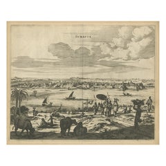 Gravure ancienne d'une estampe montrant la ville indienne de Suratte « Saturat », 1672