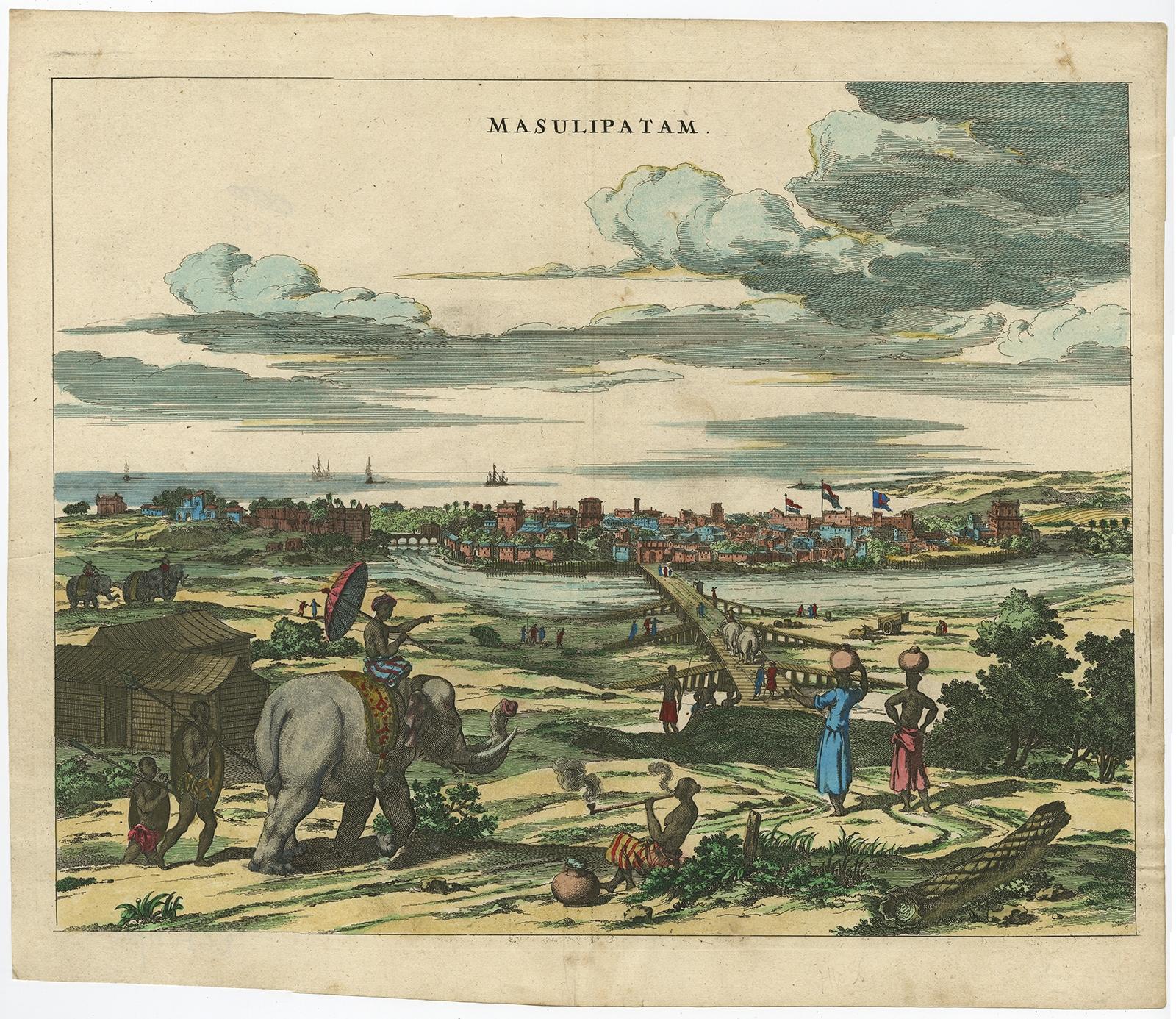 Antique print titled 'Masulipatam'. 

Original antique print showing a view of Masulipatam, India, with an elephant on foreground. This original engraving originates from the 1672 edition of Baldaeus' 'Nauwkeurige beschrijving Malabar en