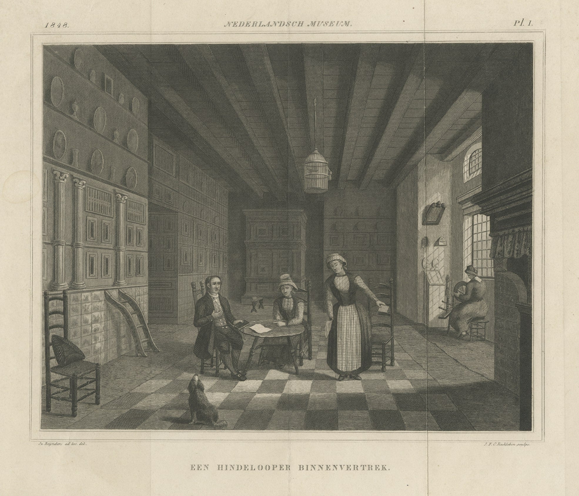 Antiker Druck mit dem Titel 'Een Hindelooper Binnenvertrek'. Blick in das Innere eines Wohnhauses in Hindeloopen, Friesland. Zeigt auch Kostüme von Hindeloopen. Dieser Druck stammt aus dem 