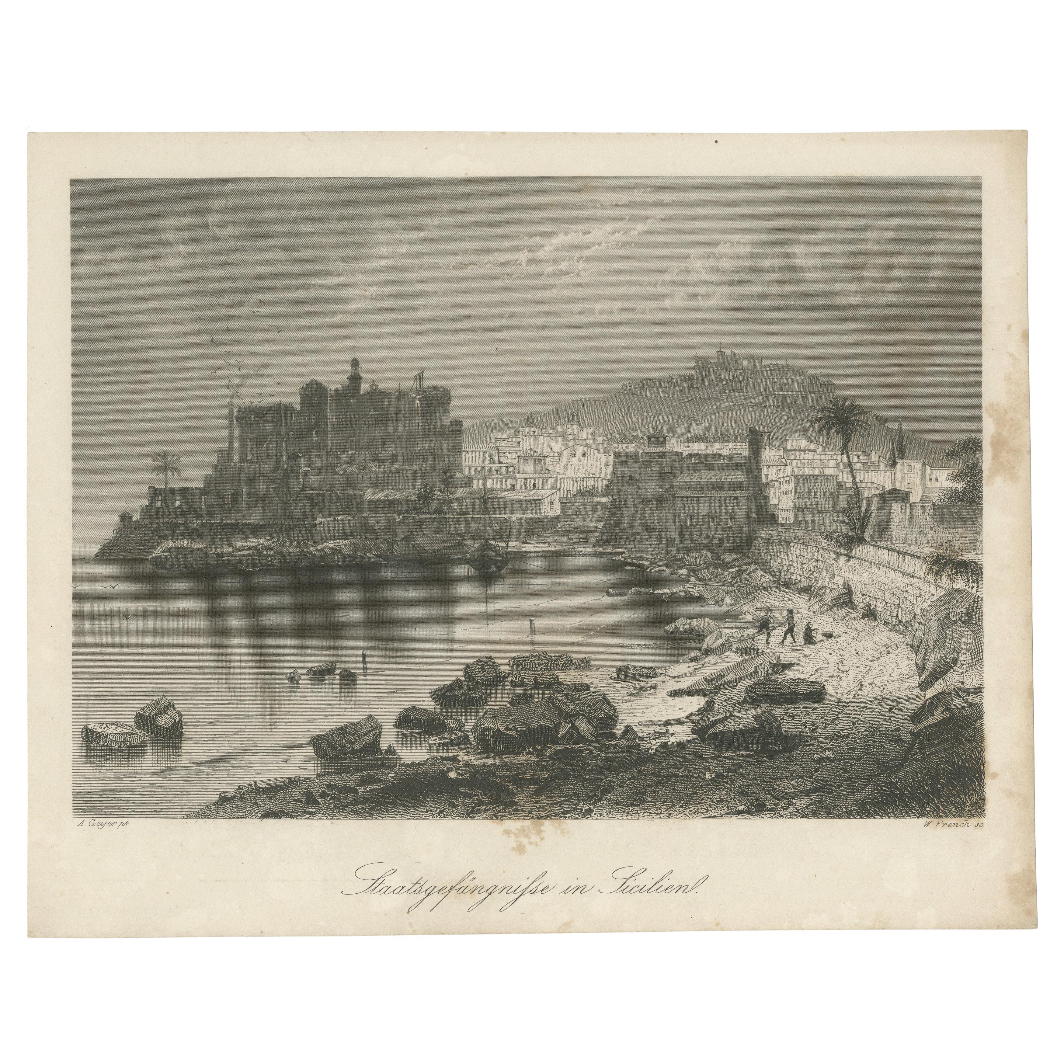  Gravure ancienne d'une prison d'État en Sicile par Zeyer & French, c.1840-1860

Cette gravure ancienne spectaculaire présente une vue côtière d'une prison d'État en Sicile, intitulée en allemand 