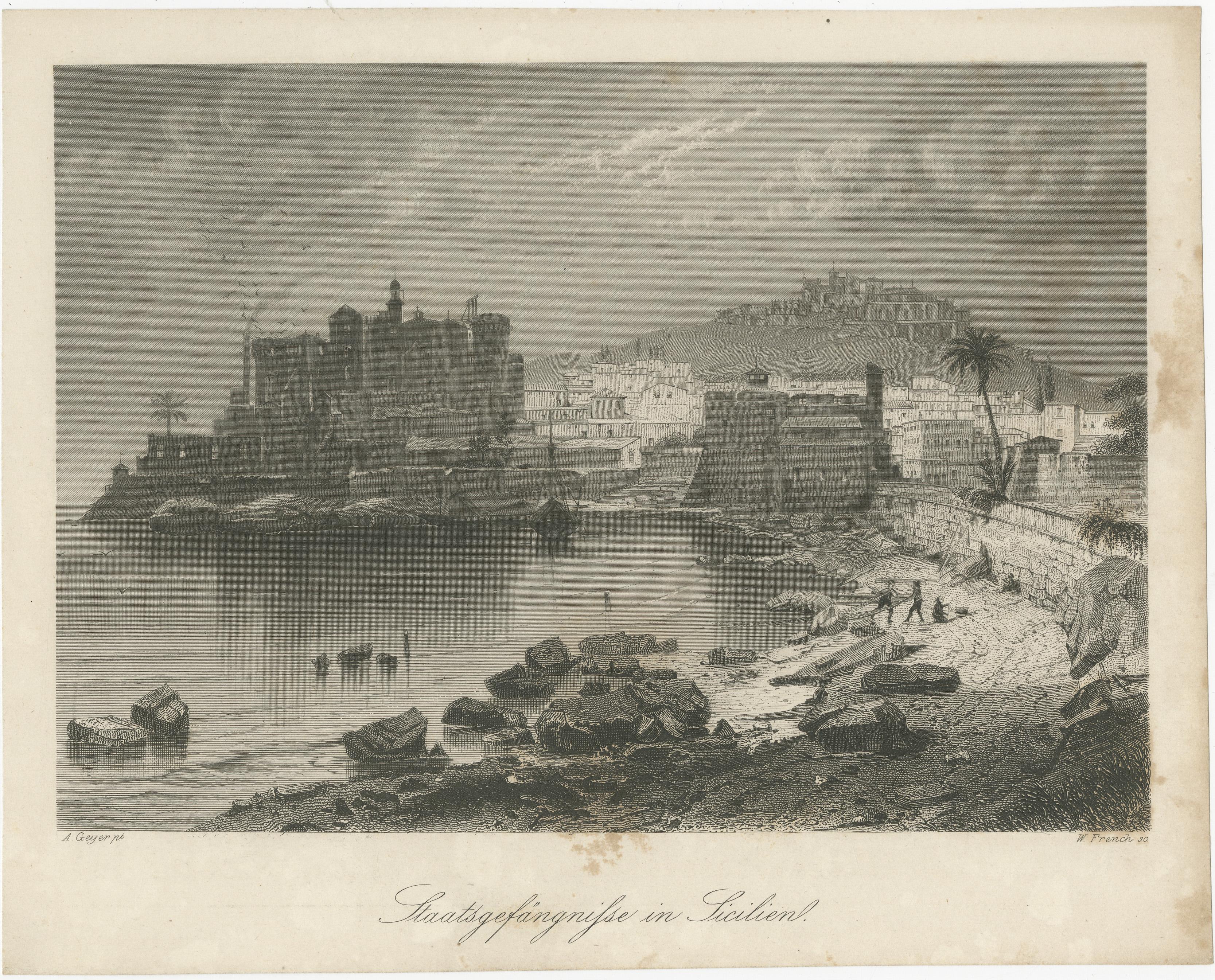 Allemand Gravure ancienne d'une prison d'État en Sicile par Zeyer & French, c.1850 en vente