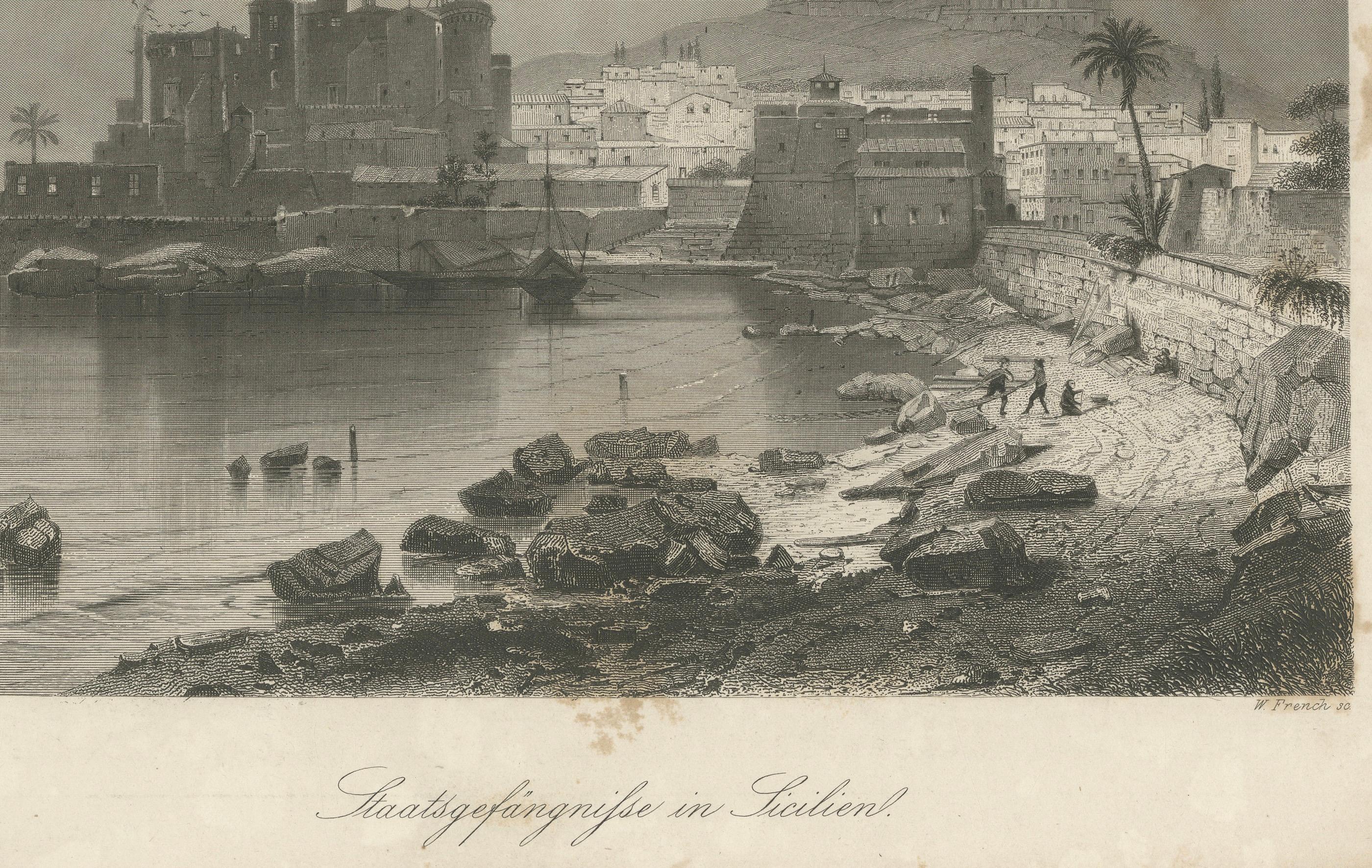 Gravé Gravure ancienne d'une prison d'État en Sicile par Zeyer & French, c.1850 en vente