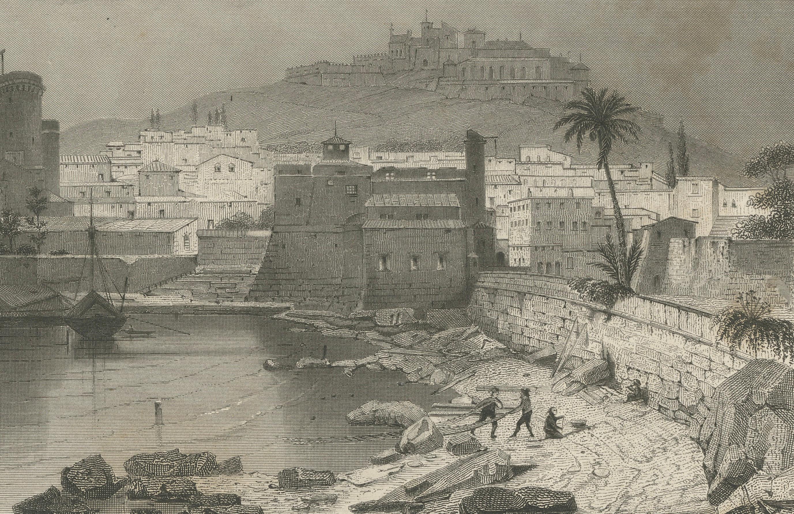 Gravure ancienne d'une prison d'État en Sicile par Zeyer & French, c.1850 Bon état - En vente à Langweer, NL