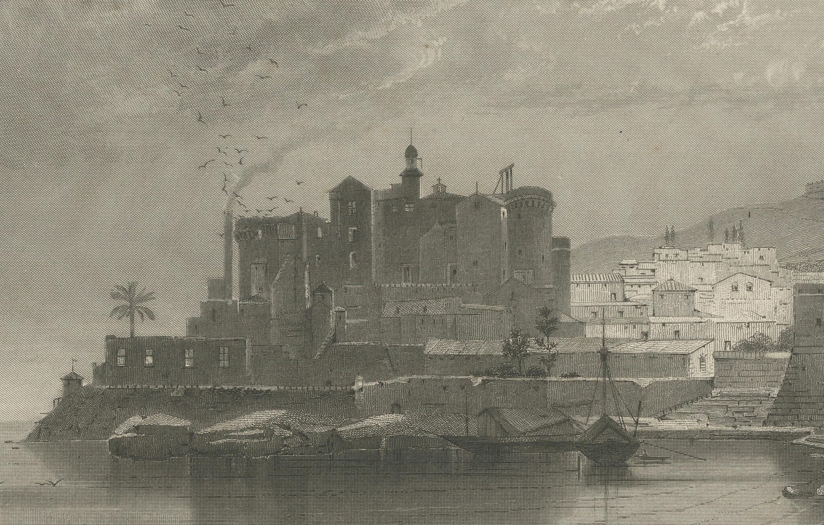 Milieu du XIXe siècle Gravure ancienne d'une prison d'État en Sicile par Zeyer & French, c.1850 en vente