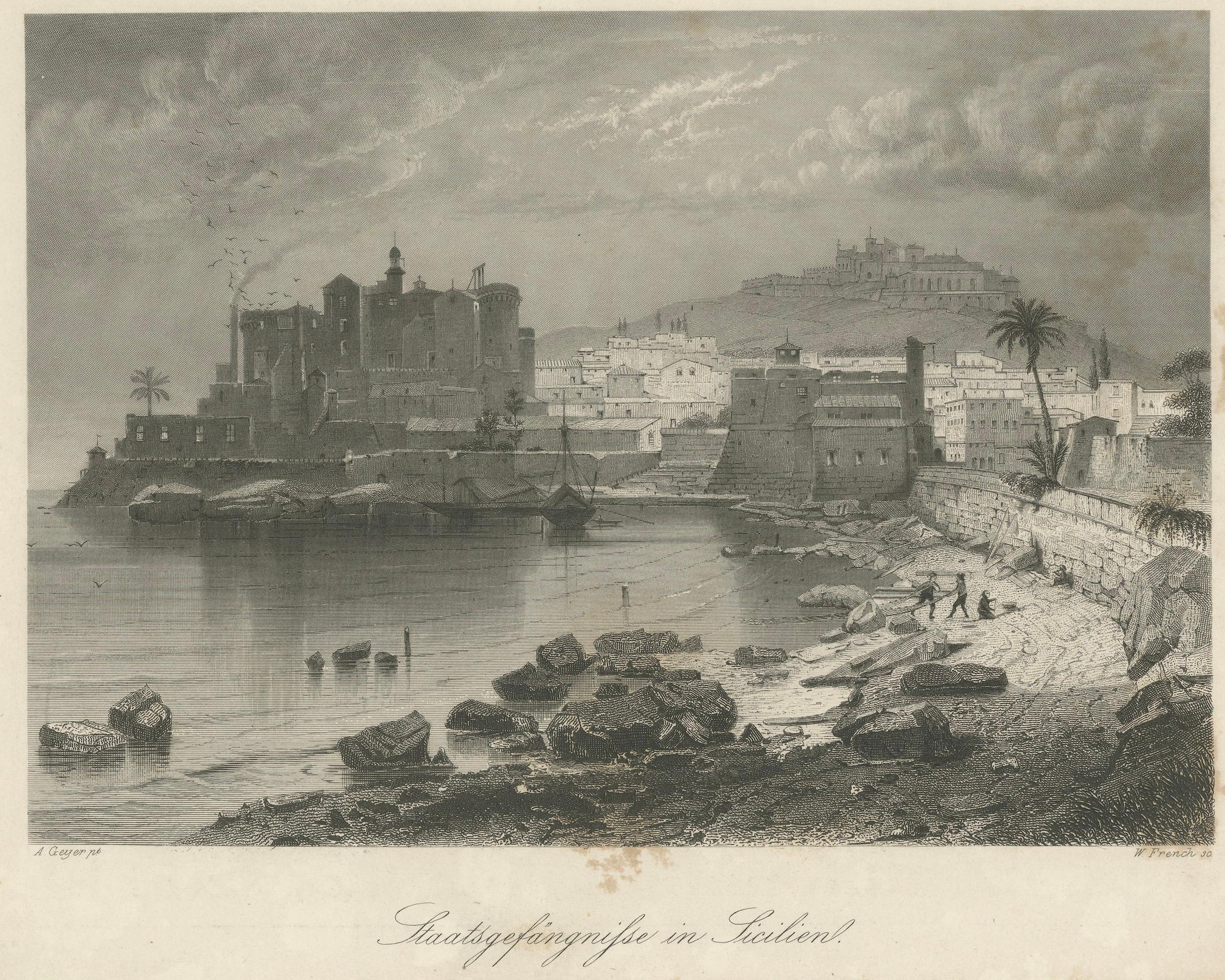 Gravure ancienne d'une prison d'État en Sicile par Zeyer & French, c.1850 en vente