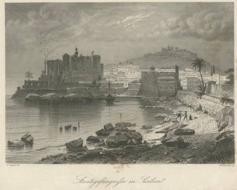 Antique engraving of a state prison in Sicily by Zeyer & French, c.1850