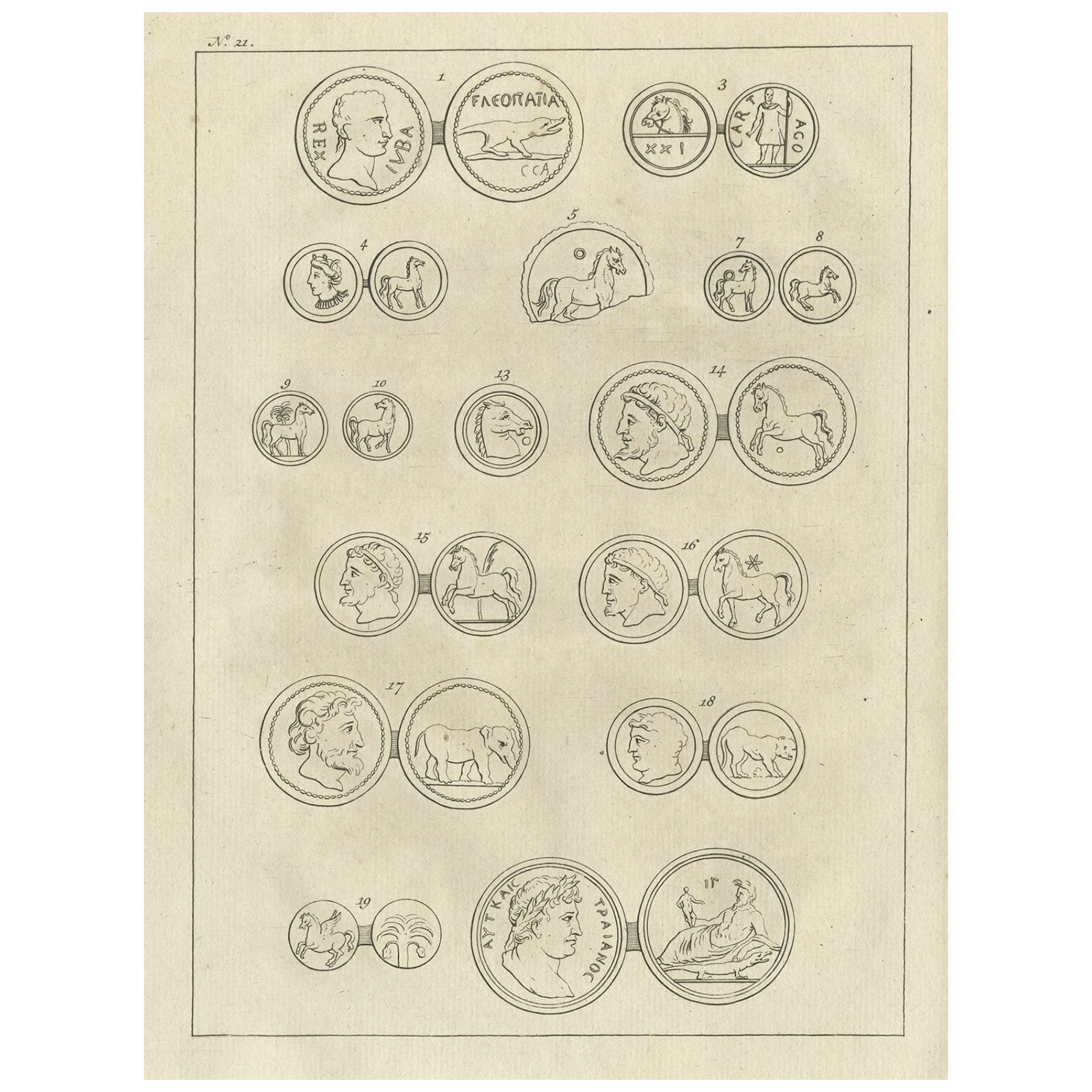 Antike Gravur antiker Münzen, 1773 im Angebot