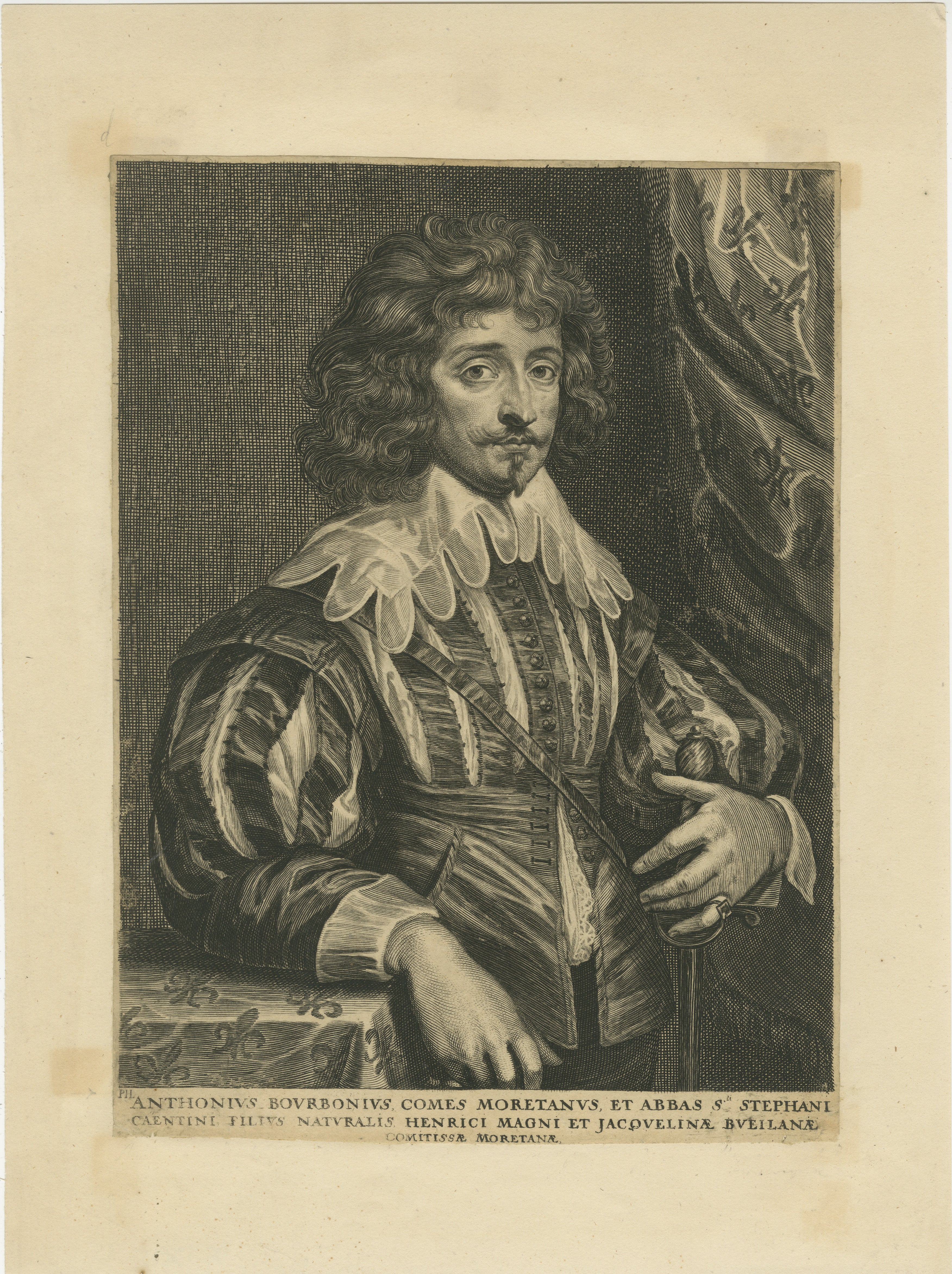 Antiker Kupferstich von Antoine de Bourbon, Graf von Moret, von Pierre Lombart, um 1640

Dieser schöne antike Porträtstich zeigt Antoine de Bourbon, Graf von Moret (1607-1632), einen unehelichen Sohn von König Henri IV. von Frankreich (Henricus