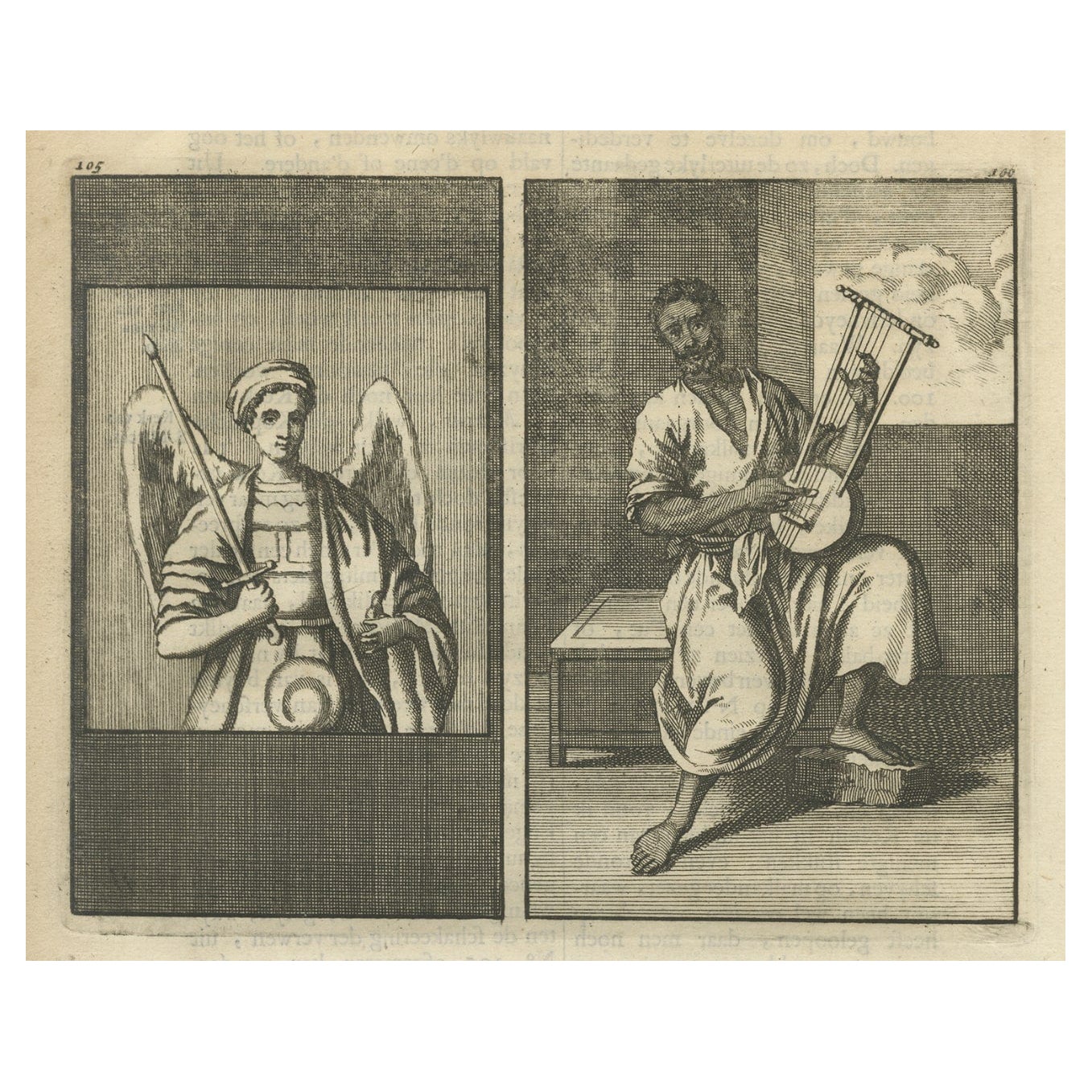 Incisione antica dell'Arcangelo Michele e di un moro arabo che suona uno strumento, 1698