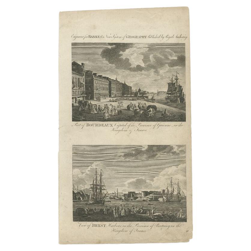 Antique print titled 'Port of Bourdeaux - View of Brest'. Old print of the port of Bordeaux and a view of Brest, France. This print originates from 'A New Royal Authentic and Complete System of Universal Geography' by Thomas Bankes. 

Artists and