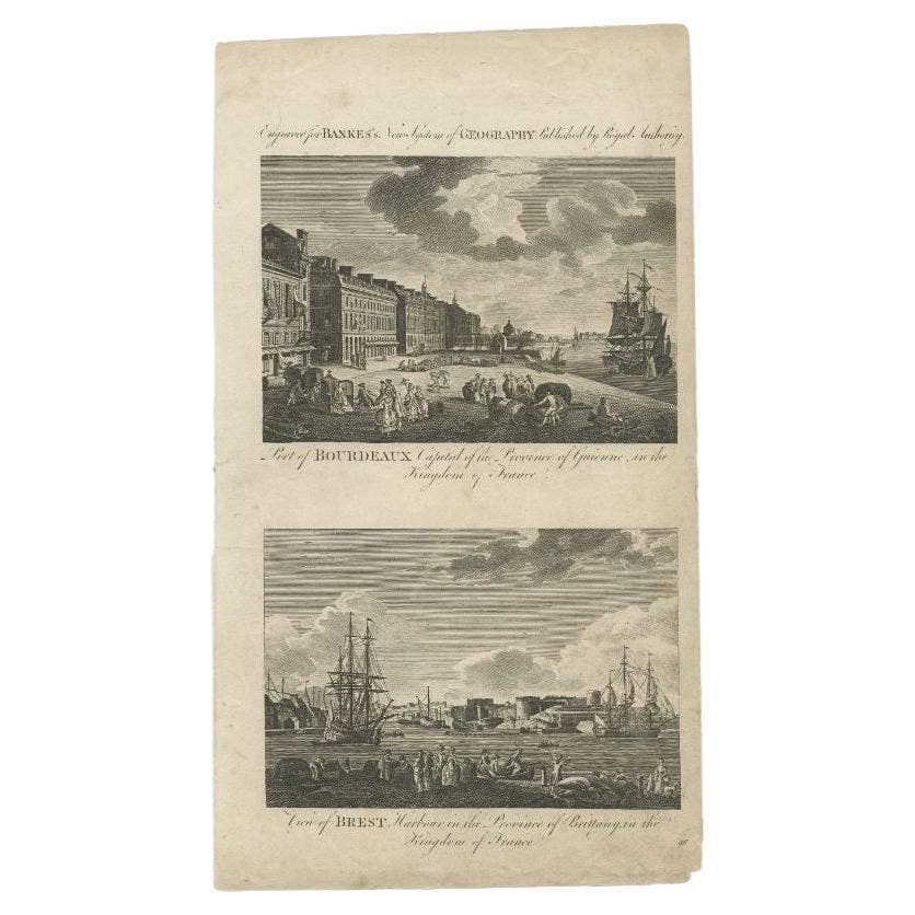 Antique Engraving of Bordeaux and Brest in France, c.1790