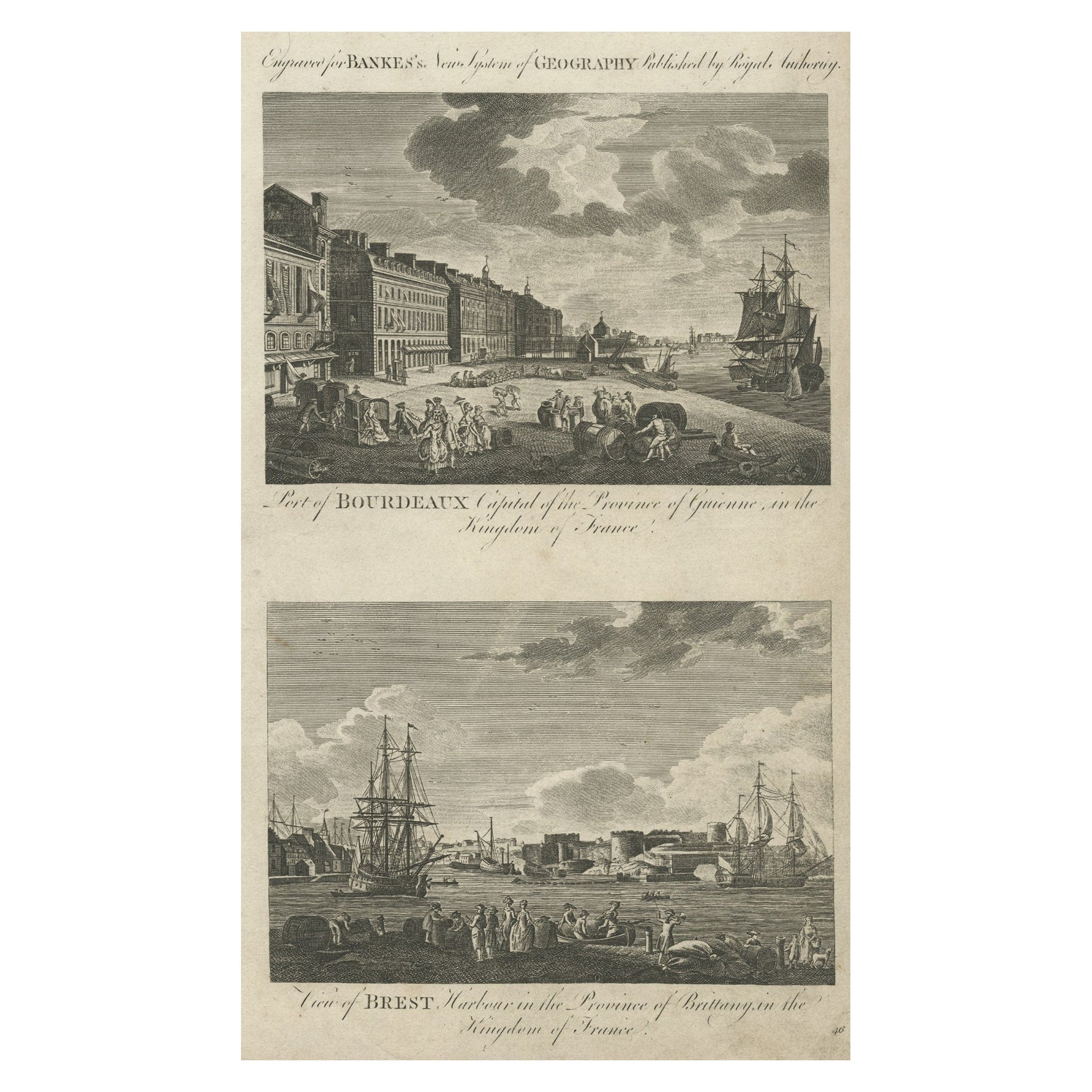 Antike Gravur von Bordeaux und Brest in Frankreich, um 1790 im Angebot