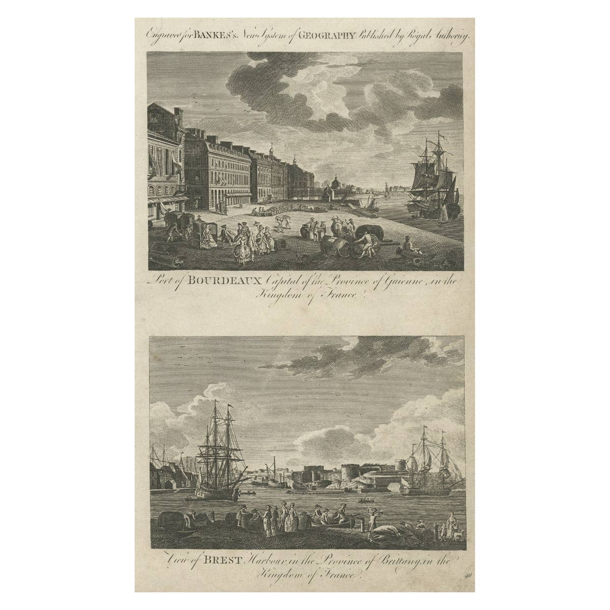 Antique Engraving of Bordeaux and Brest in France, c.1790