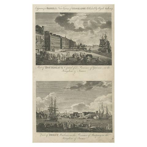 Antique Engraving of Bordeaux and Brest in France, c.1790