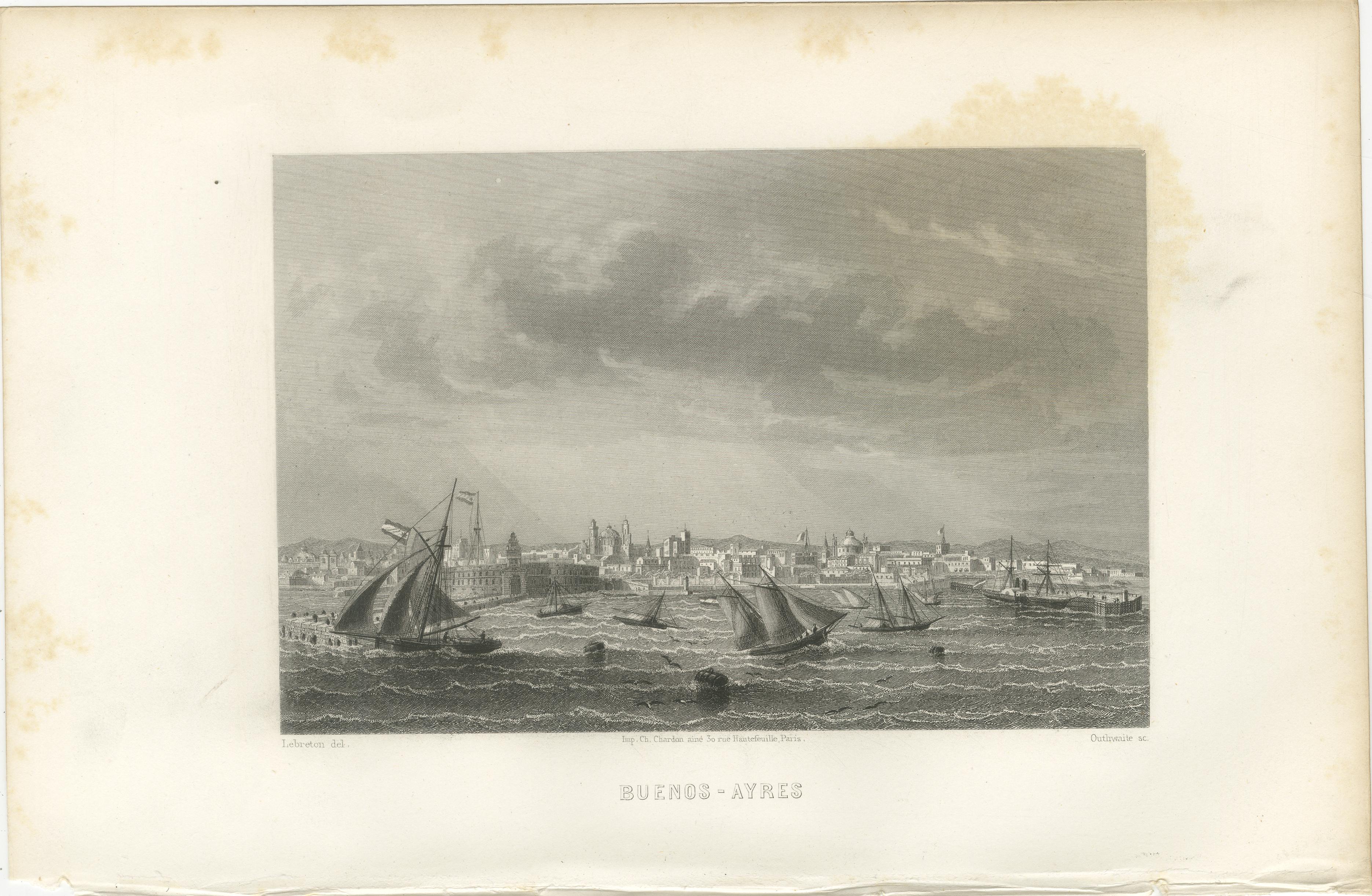 Gravure ancienne de Buenos Aires, vue de la ville et du port, 1867

Gravure intitulée Buenos-Ayres, publiée en 1867. Cette vue finement détaillée dépeint la capitale argentine depuis la mer, présentant la ligne d'horizon de la ville avec ses