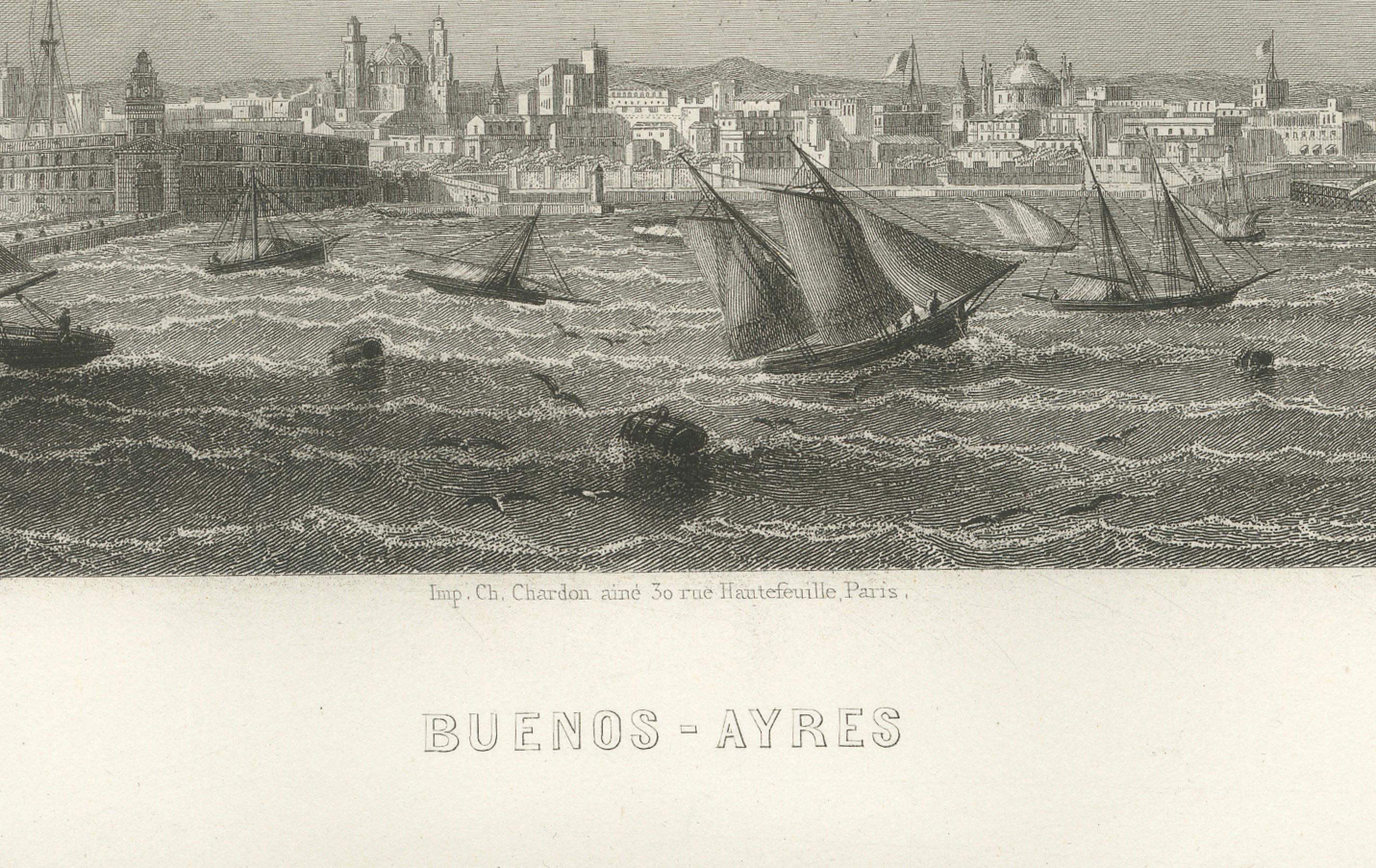 Gravé Gravure ancienne de Buenos Aires, vue de la ville et du port, 1867 en vente