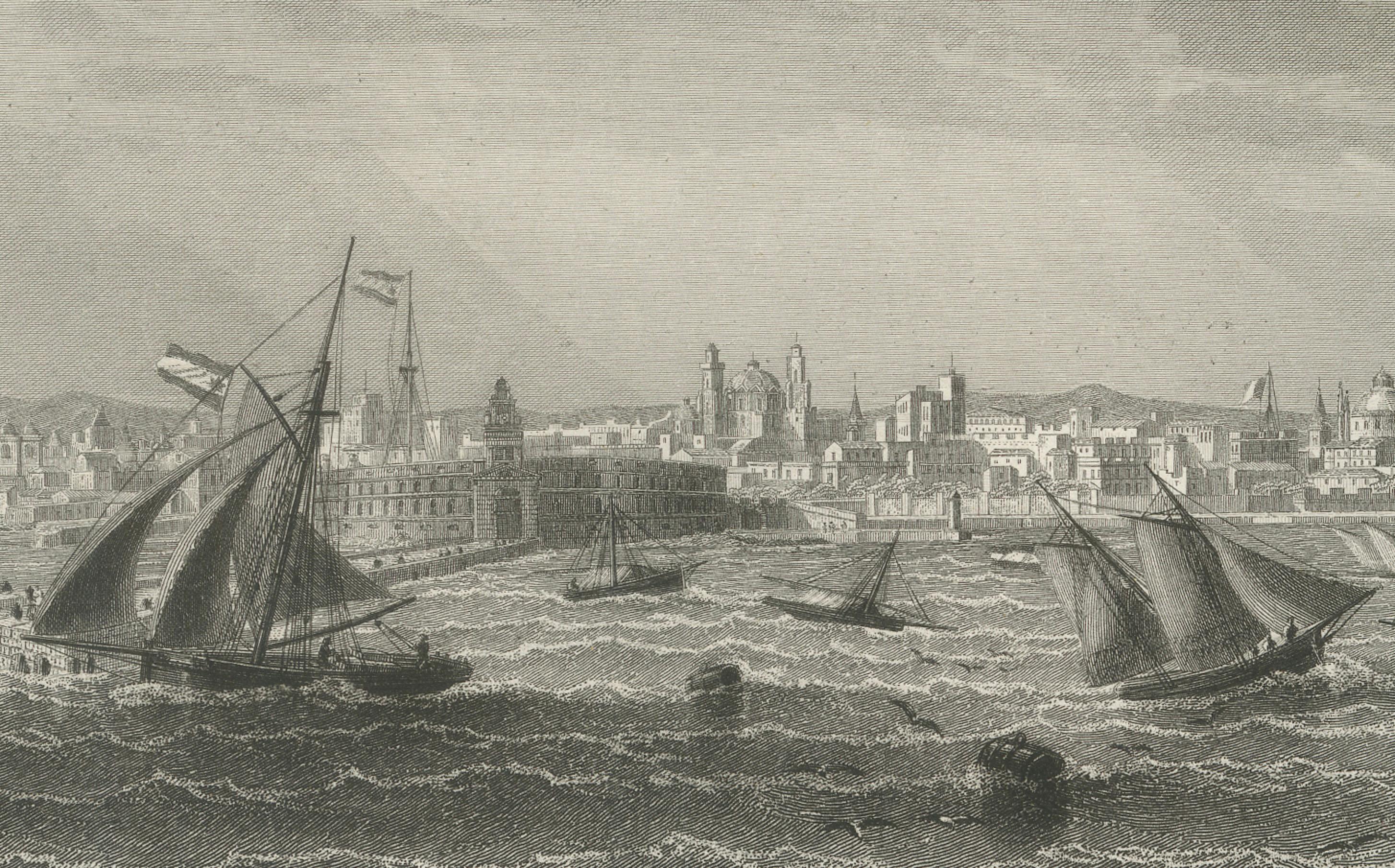 Milieu du XIXe siècle Gravure ancienne de Buenos Aires, vue de la ville et du port, 1867 en vente